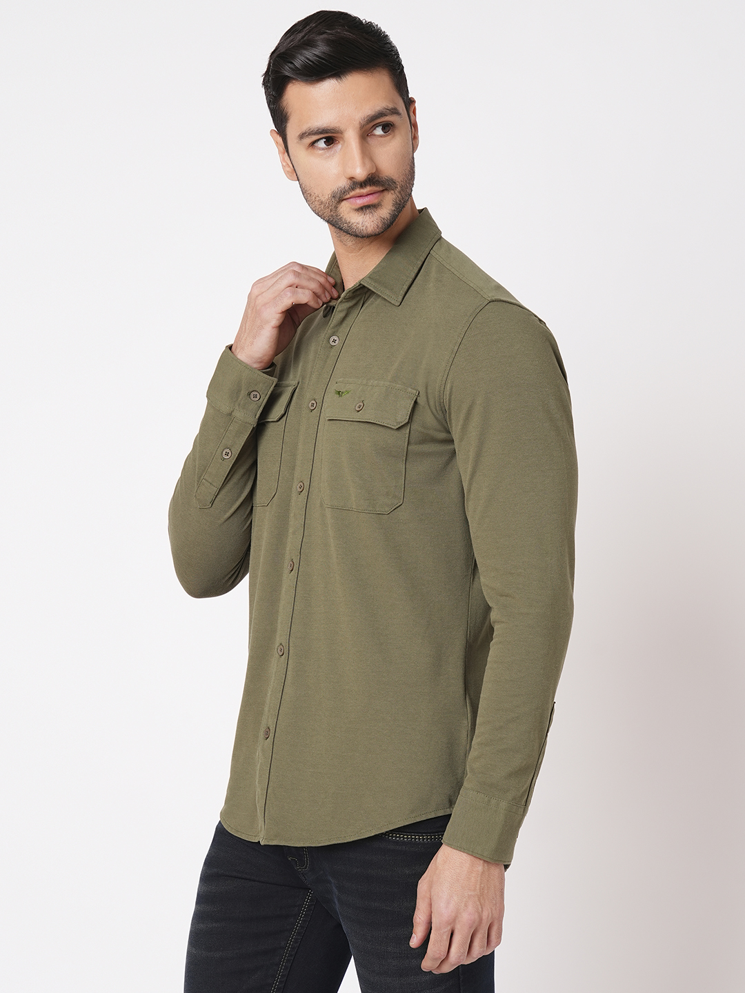 LT OLIVE FULL SLEEVE KNITTED SHIRT (STALONE F/SLV FIT)