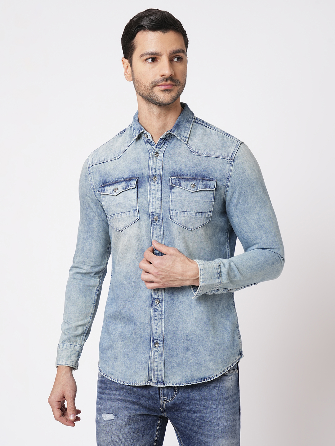 MED BLUE FULL SLEEVE DENIM SHIRT (LEO F/SLV FIT)