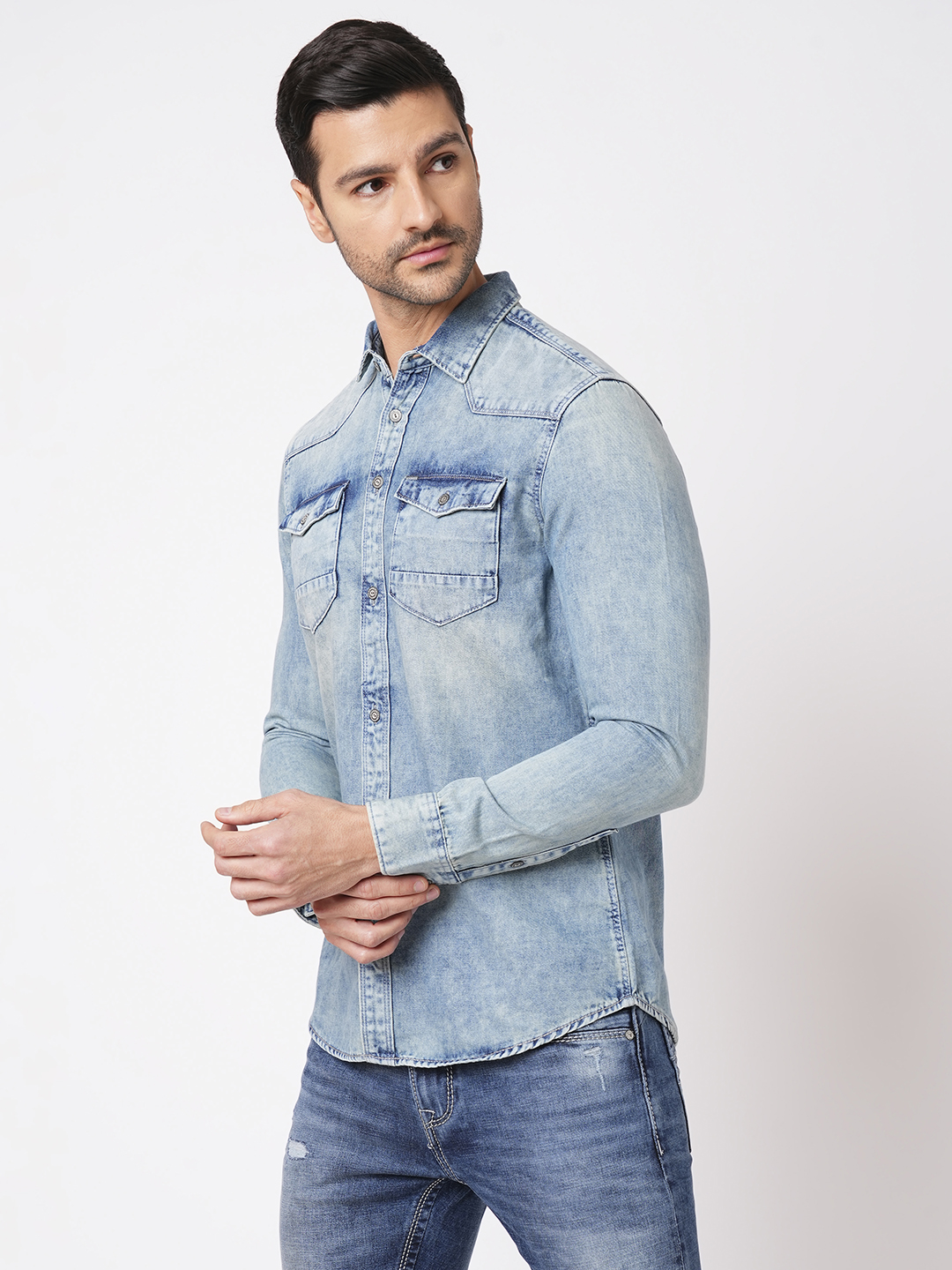 MED BLUE FULL SLEEVE DENIM SHIRT (LEO F/SLV FIT)