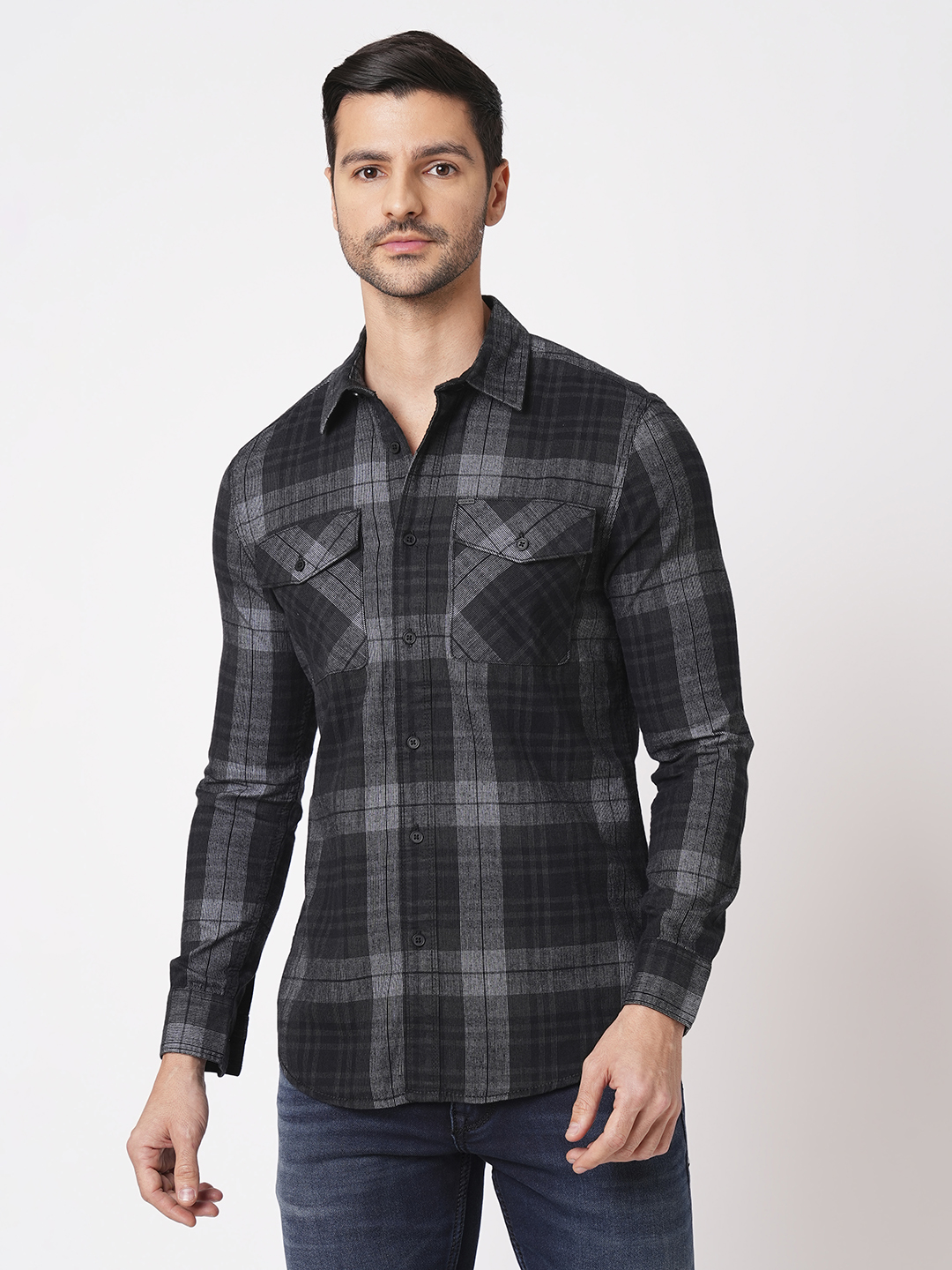 BLACK GREY FULL SLEEVE CHECK SHIRT (LEO F/SLV FIT)