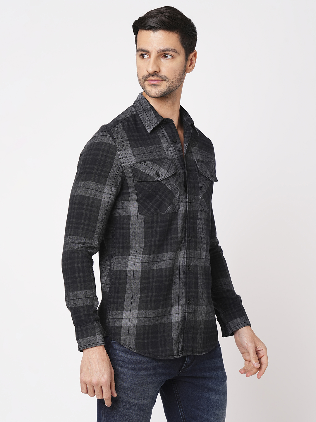 BLACK GREY FULL SLEEVE CHECK SHIRT (LEO F/SLV FIT)