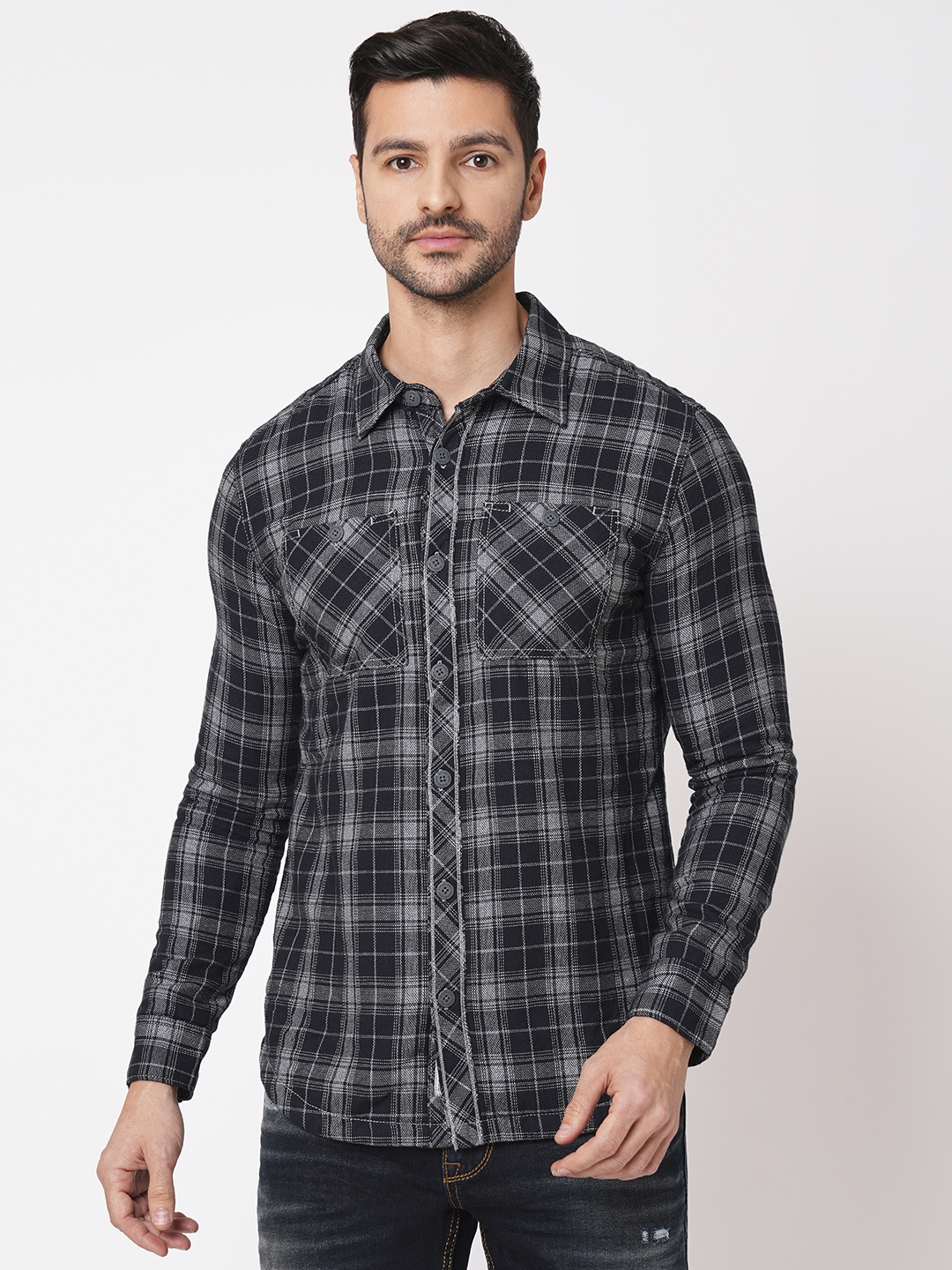 INDIGO NAVY FULL SLEEVE CHECK SHACKET SHIRT (SHACKET REGULAR)