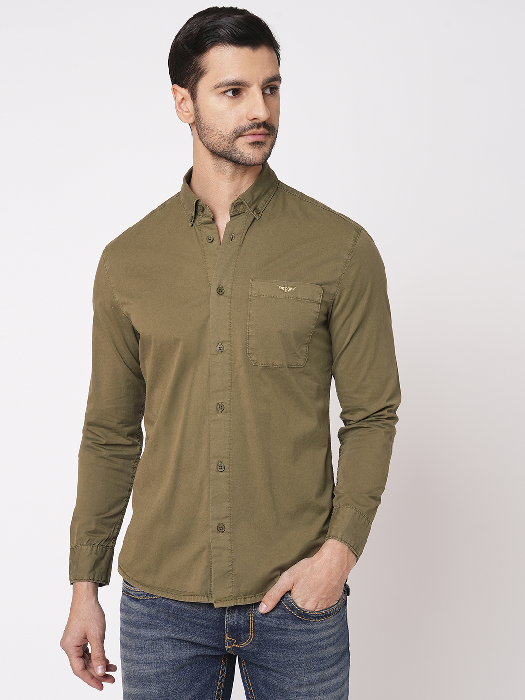 DK KHAKI FULL SLEEVE SOLID SHIRT (LEO F/SLV FIT)