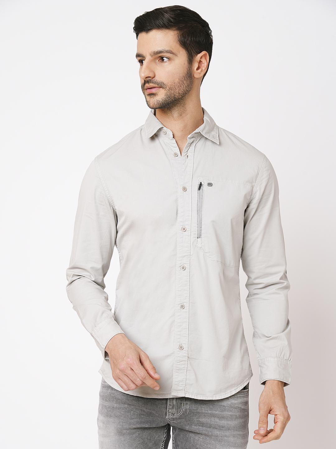 LT GREY FULL SLEEVE SOLID SHIRT (LEO F/SLV FIT)