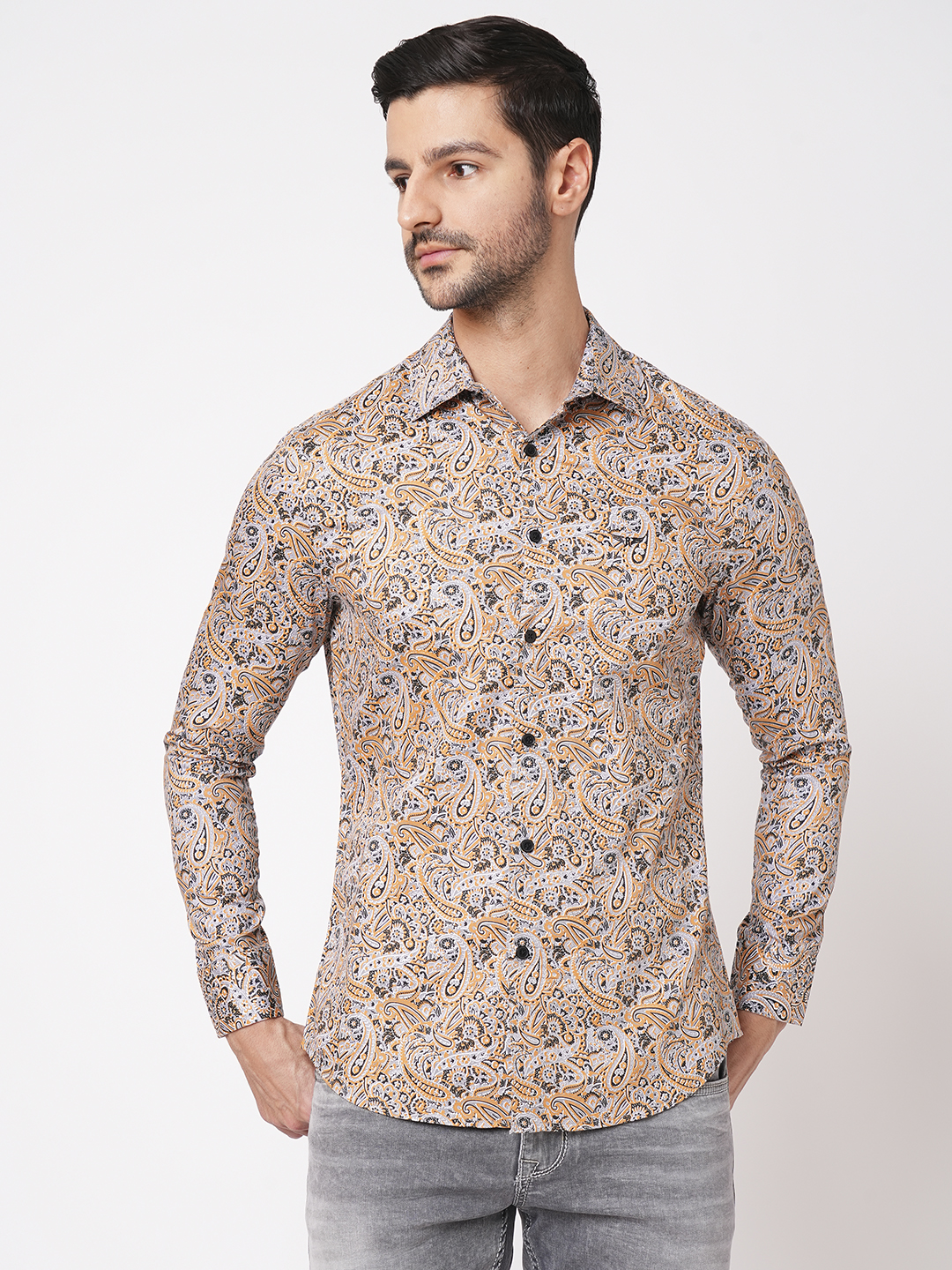 MUSTARD GREY FULL SLEEVE PRINTED SHIRT (LEO F/SLV FIT)