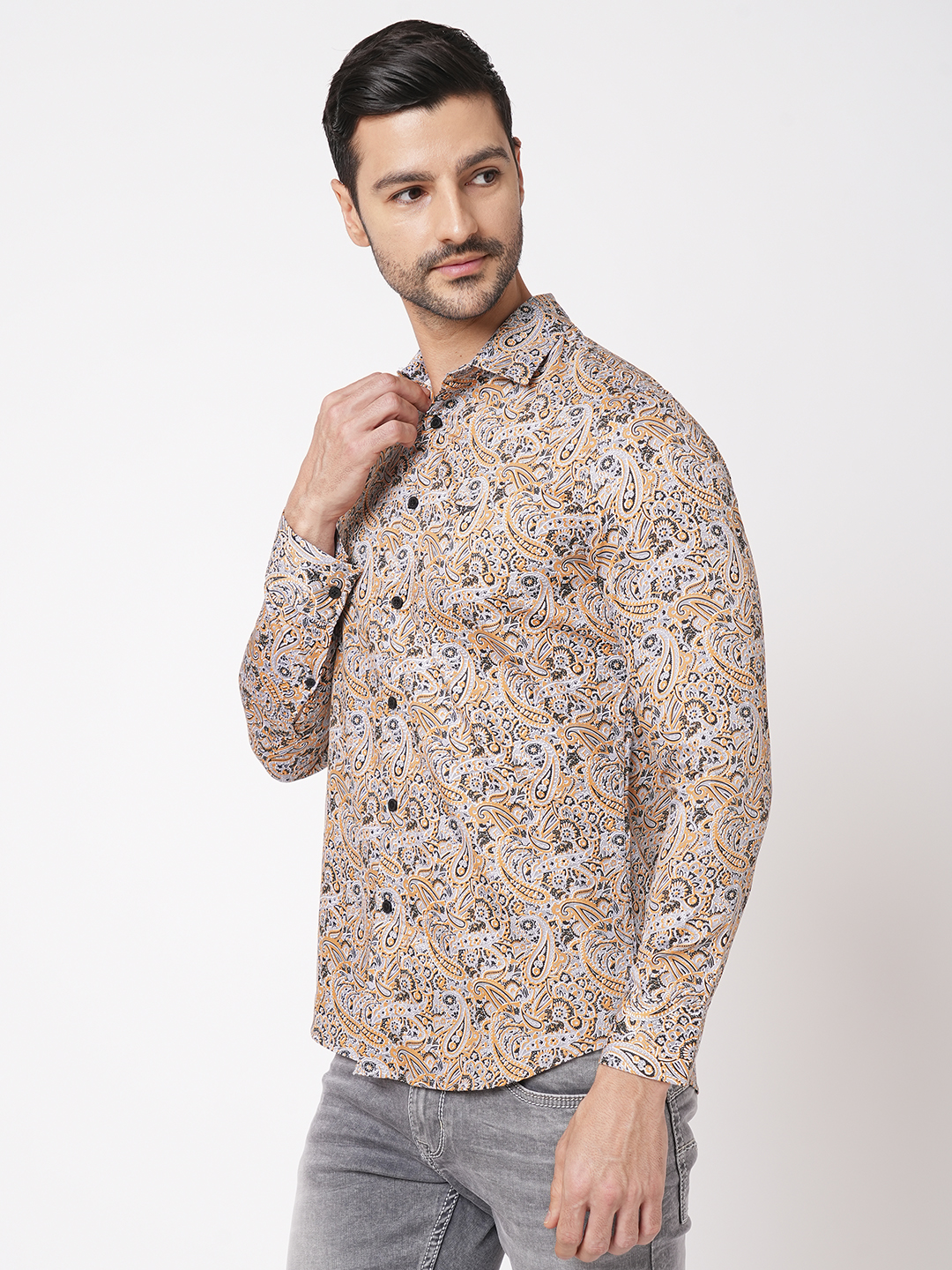 MUSTARD GREY FULL SLEEVE PRINTED SHIRT (LEO F/SLV FIT)