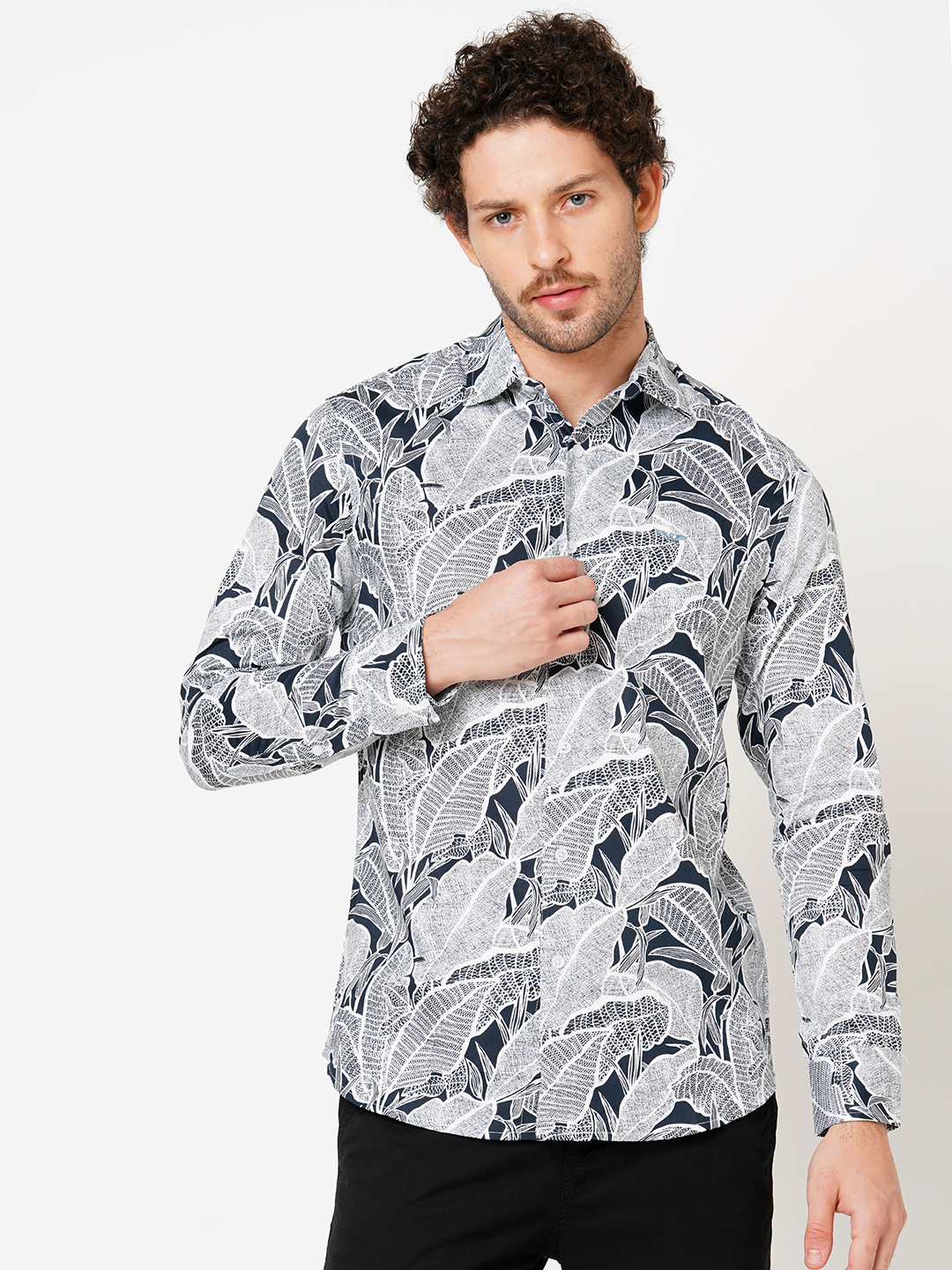 WHITE GREY FULL SLEEVE PRINTED SHIRT (LEO F/SLV FIT)