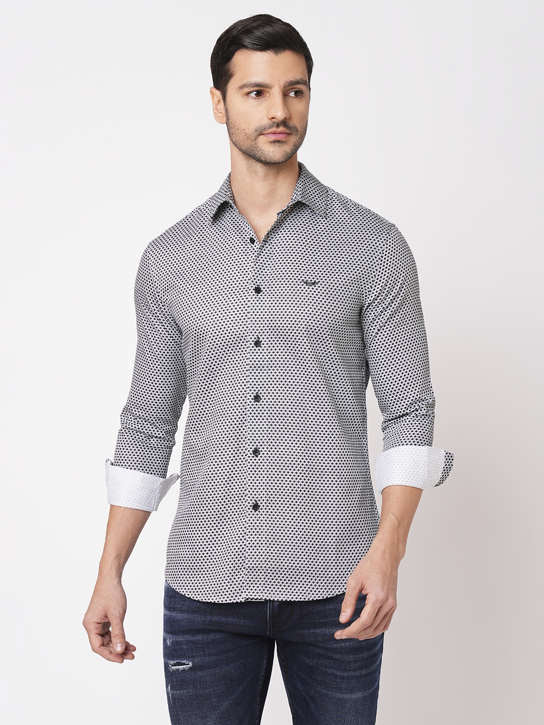 BLACK WHITE FULL SLEEVE PRINTED SHIRT (LEO F/SLV FIT)