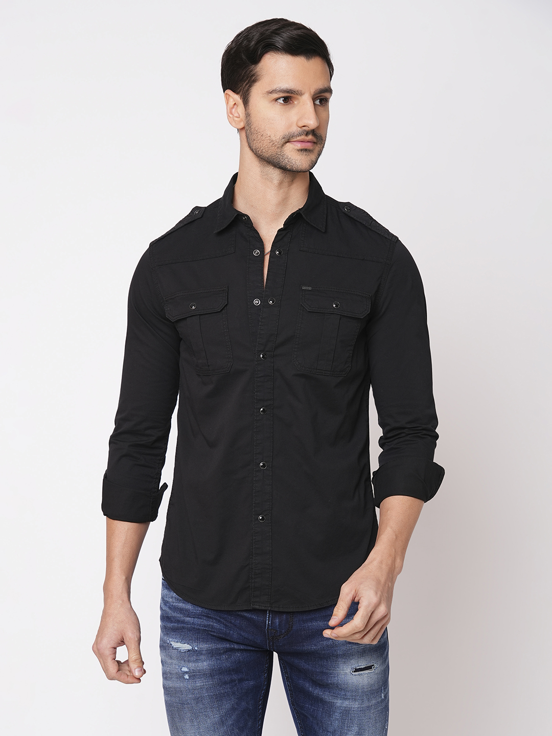 JET BLACK FULL SLEEVE SOLID SHIRT (LEO F/SLV FIT)