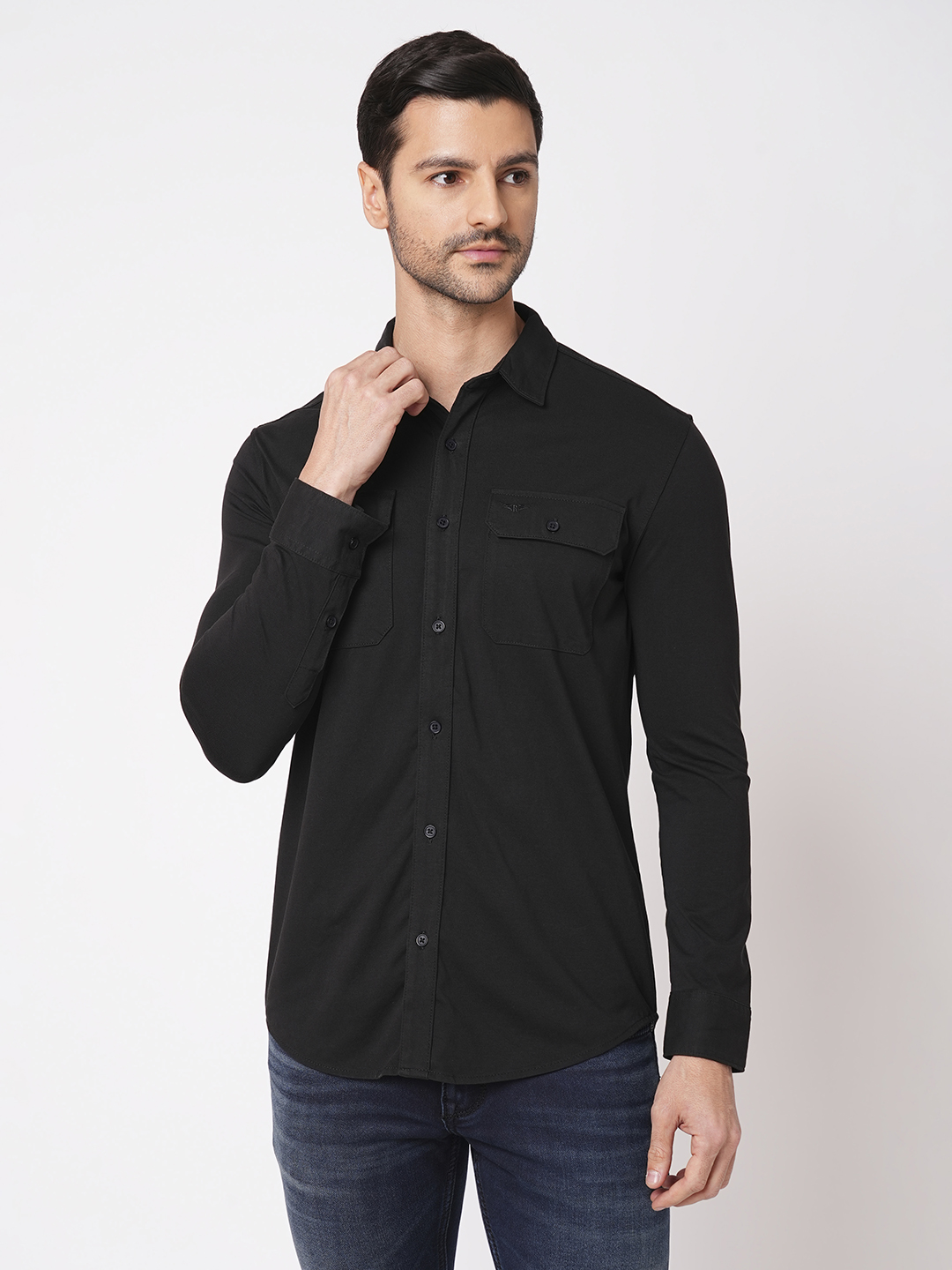 BLACK FULL SLEEVE KNITTED SHIRT (STALONE F/SLV FIT)