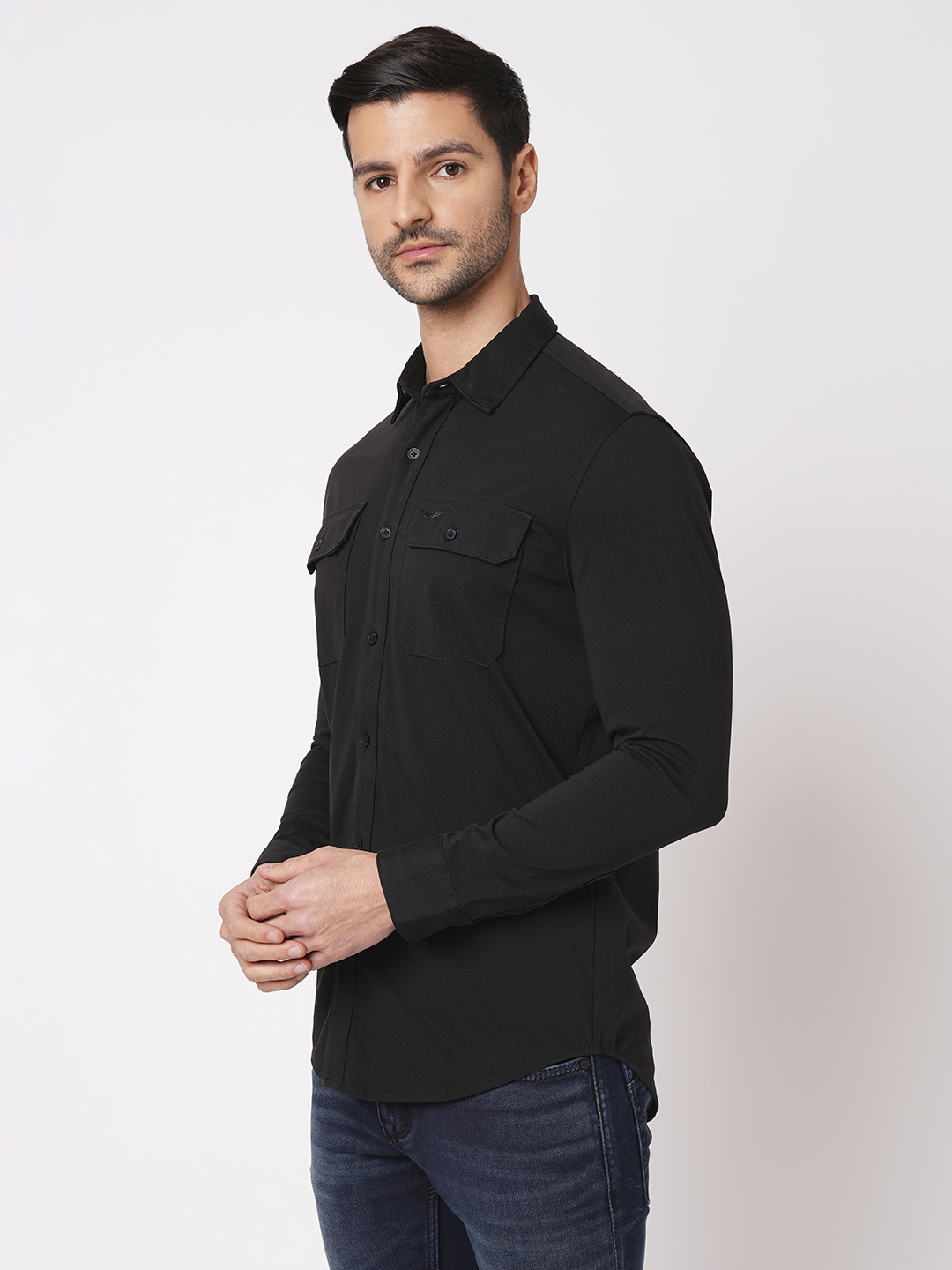 BLACK FULL SLEEVE KNITTED SHIRT (STALONE F/SLV FIT)