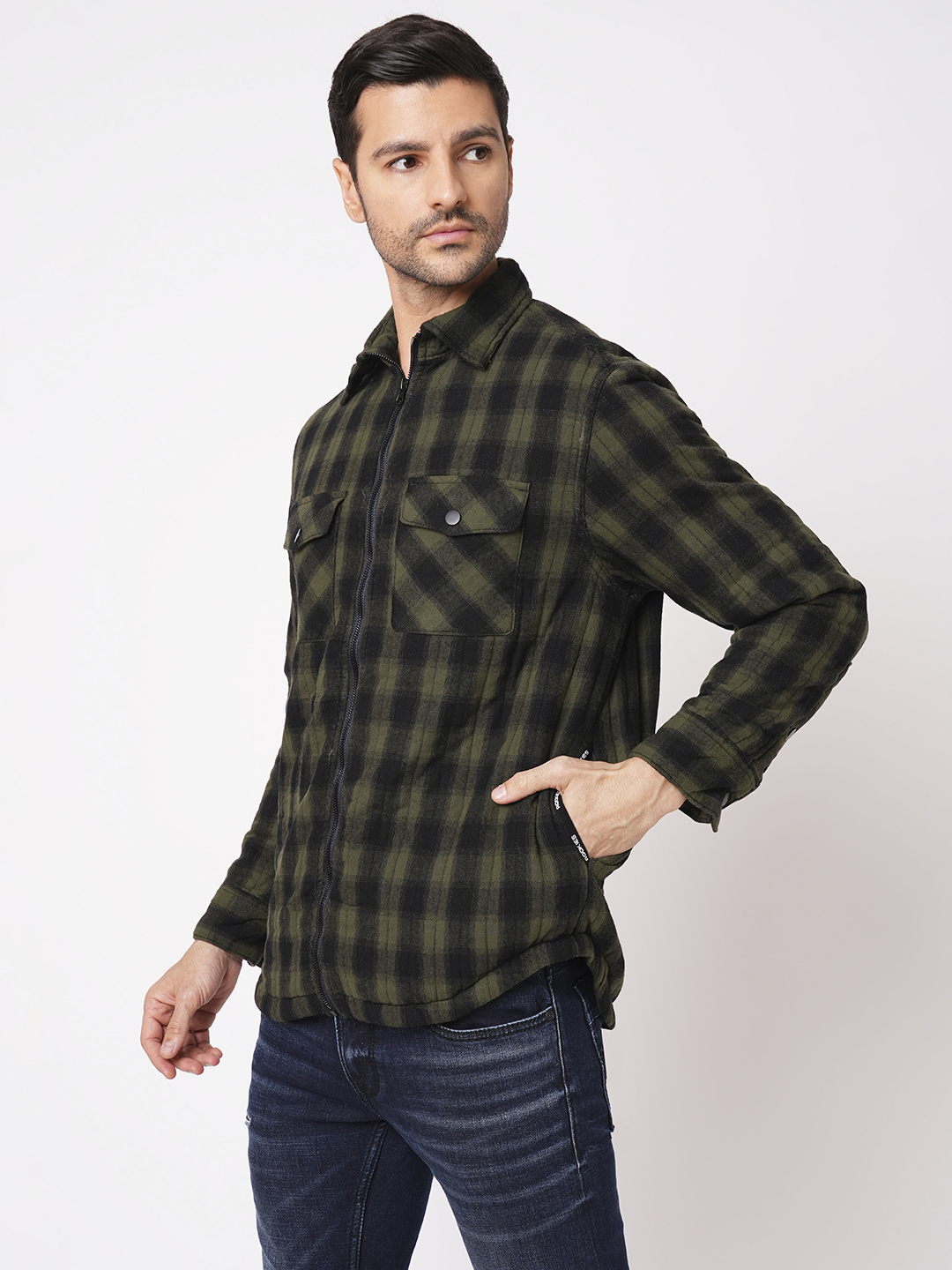 GREEN BLACK FULL SLEEVE CHECK ZIPPER SHACKET SHIRT (SHACKET REGULAR)