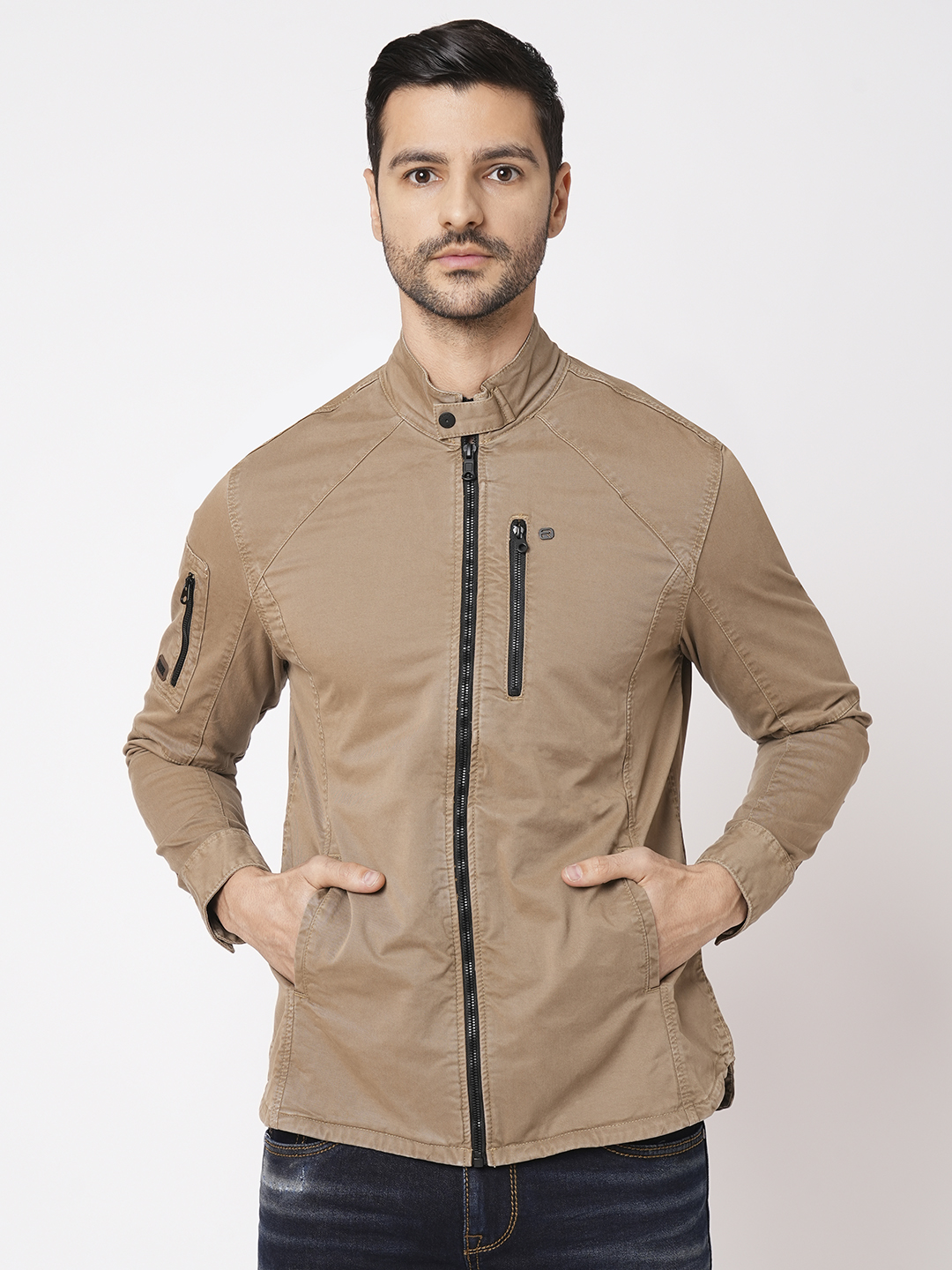 KHAKI FULL SLEEVE SOLID ZIPPER SHACKET SHIRT (SHACKET REGULAR)