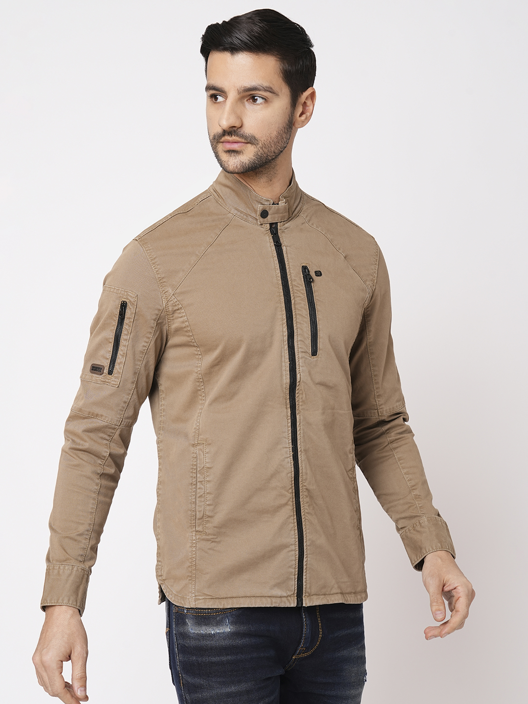 KHAKI FULL SLEEVE SOLID ZIPPER SHACKET SHIRT (SHACKET REGULAR)