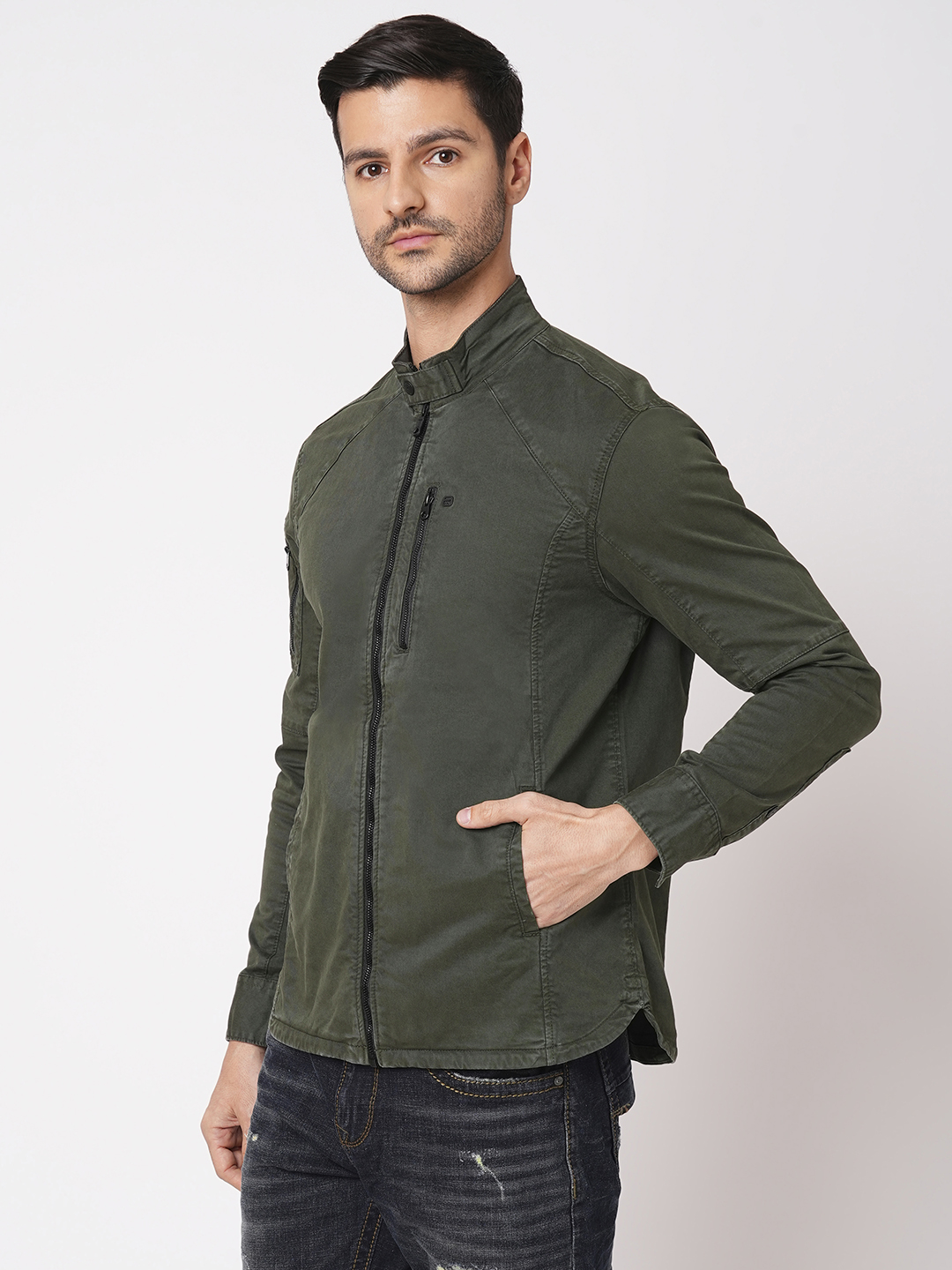 MILITARY GREEN FULL SLEEVE SOLID ZIPPER SHACKET SHIRT (SHACKET REGULAR)