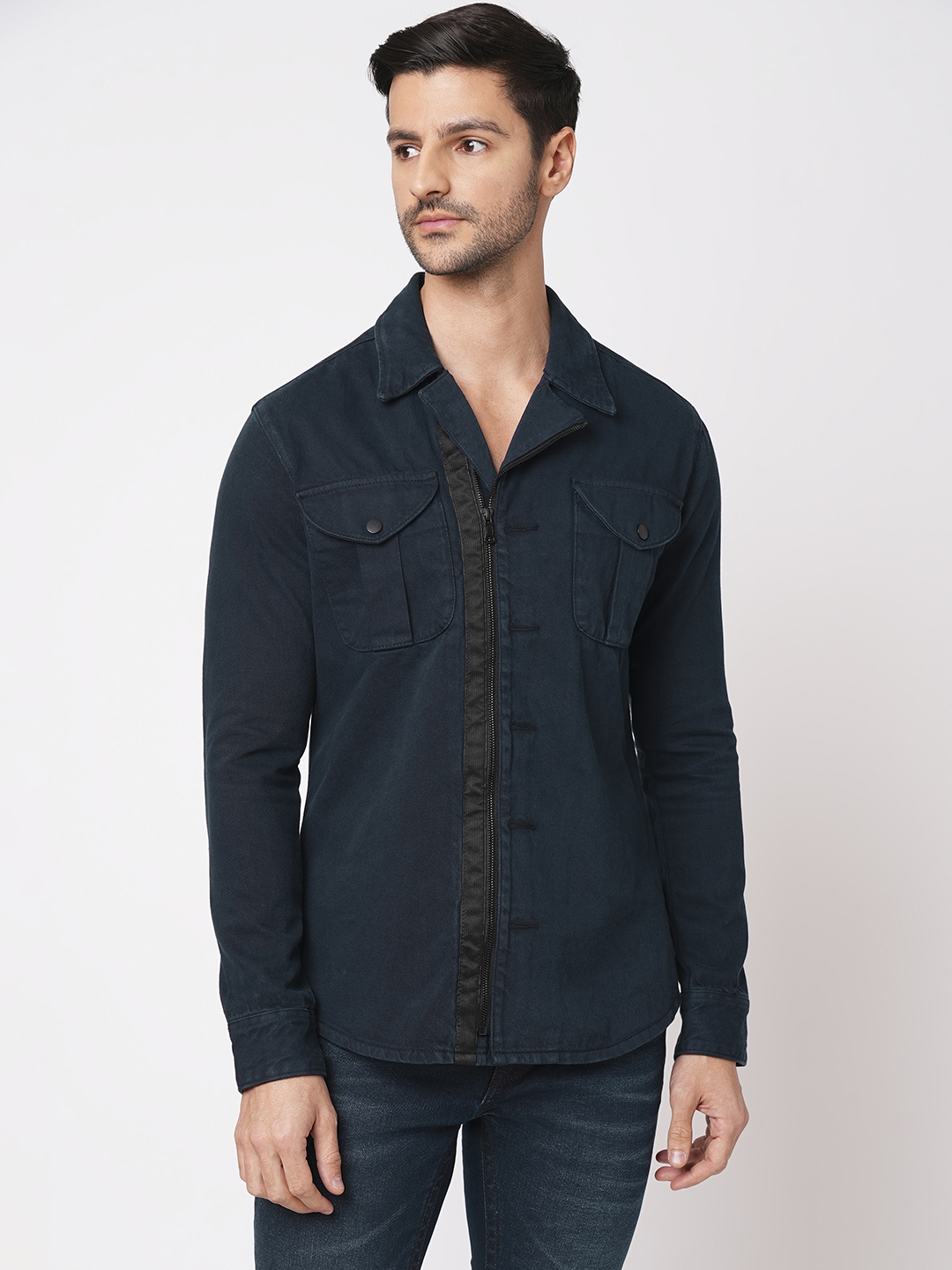 NAVY FULL SLEEVE DENIM ZIPPER SHACKET SHIRT (SHACKET REGULAR)