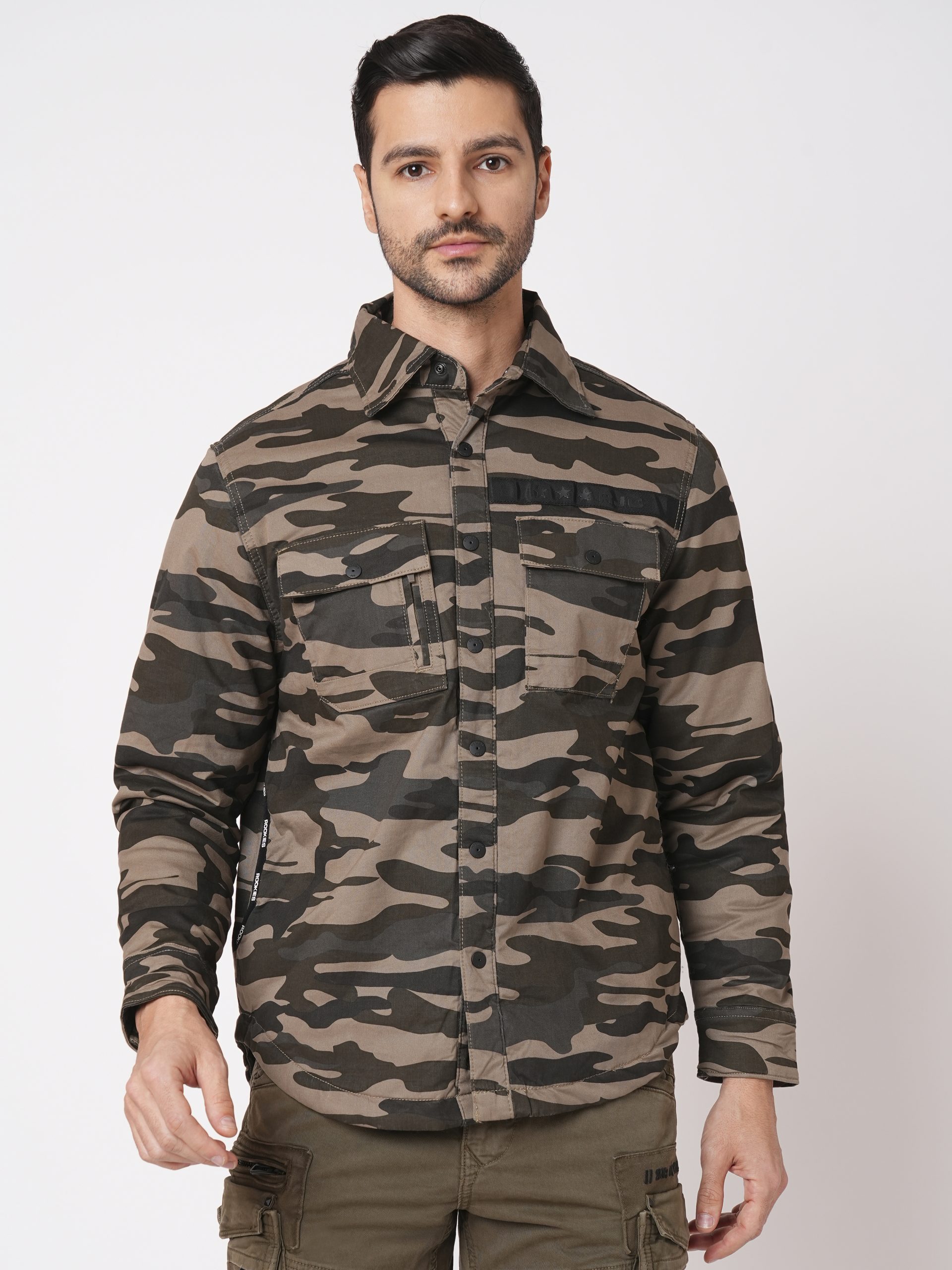 MILITARY GREEN CAMO PRINT FULL SLEEVE SOLID SHACKET SHIRT (SHACKET REGULAR)