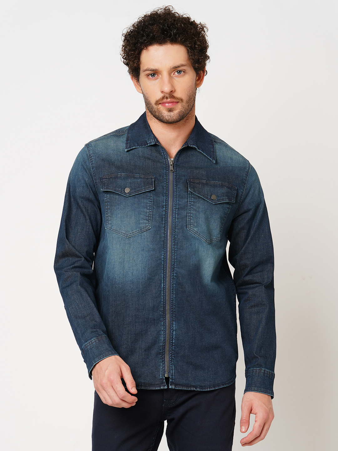 MED BLUE FULL SLEEVE DENIM ZIPPER SHACKET SHIRT (SHACKET REGULAR)