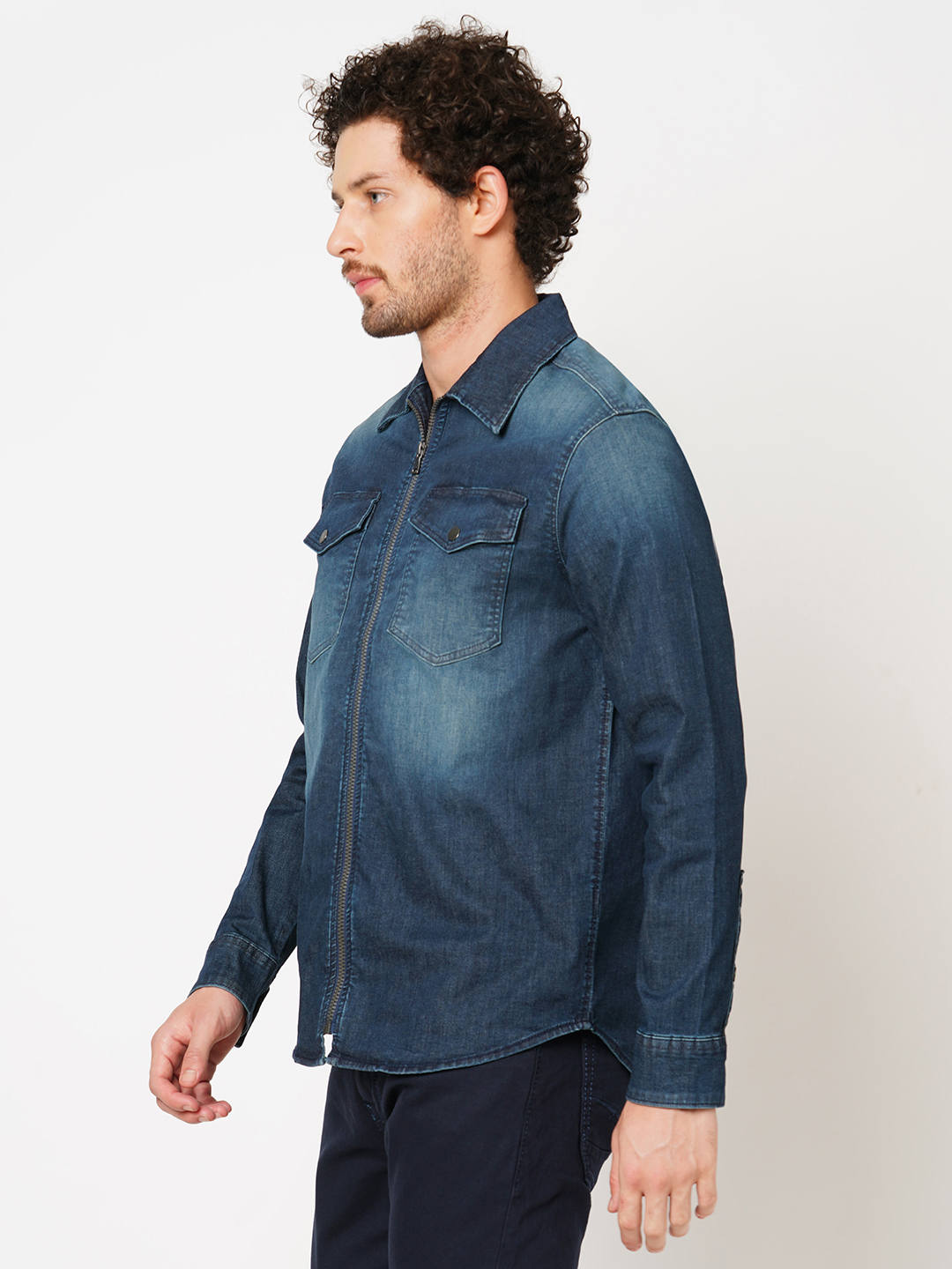 MED BLUE FULL SLEEVE DENIM ZIPPER SHACKET SHIRT (SHACKET REGULAR)