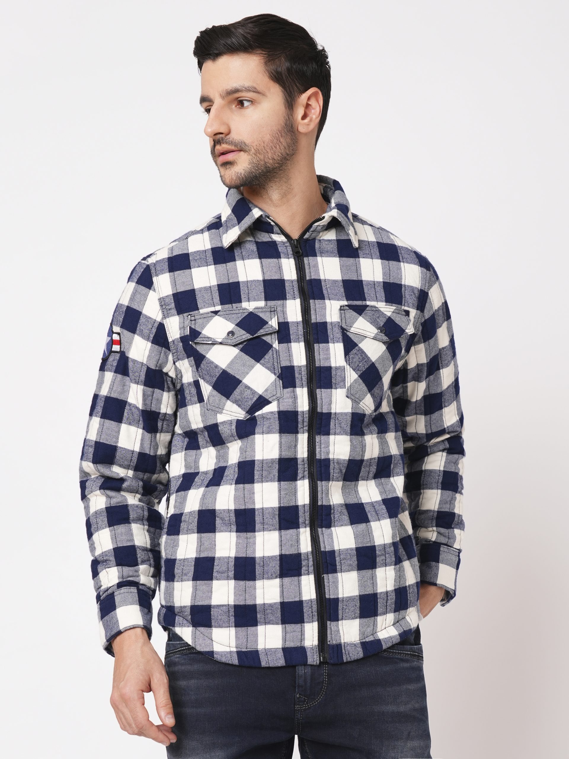 NAVY WHITE FULL SLEEVE CHECK ZIPPER SHACKET SHIRT (SHACKET REGULAR)