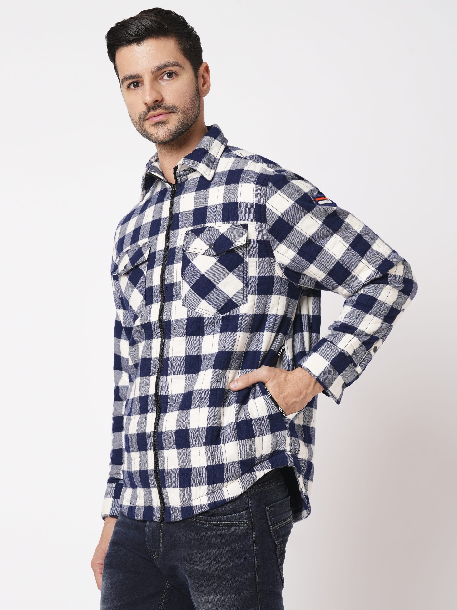 NAVY WHITE FULL SLEEVE CHECK ZIPPER SHACKET SHIRT (SHACKET REGULAR)