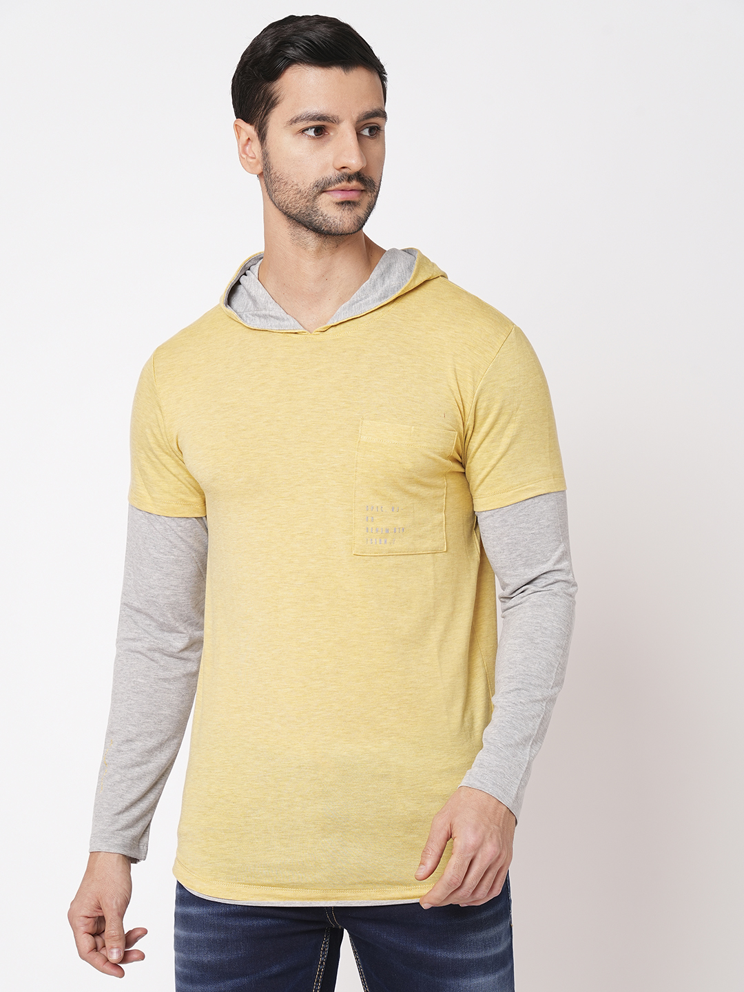 MUSTARD FULL SLEEVE ATHLEISURE HOODIE TEE (HOODIE NECK F/SLV SLIM)