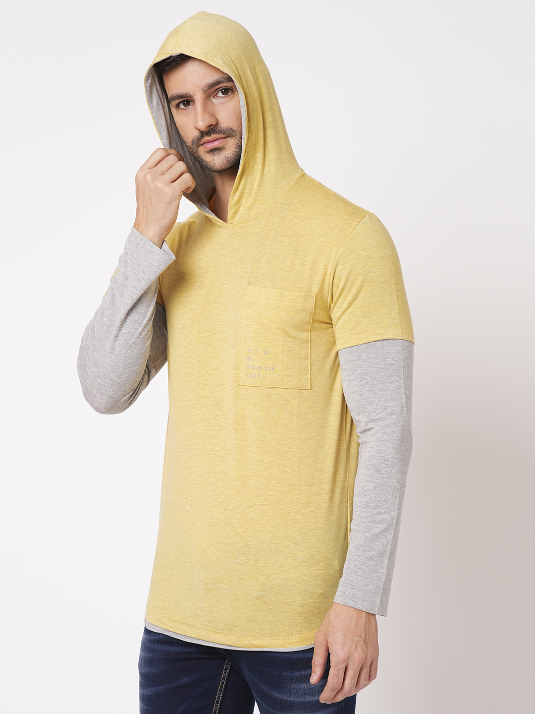 MUSTARD FULL SLEEVE ATHLEISURE HOODIE TEE (HOODIE NECK F/SLV SLIM)