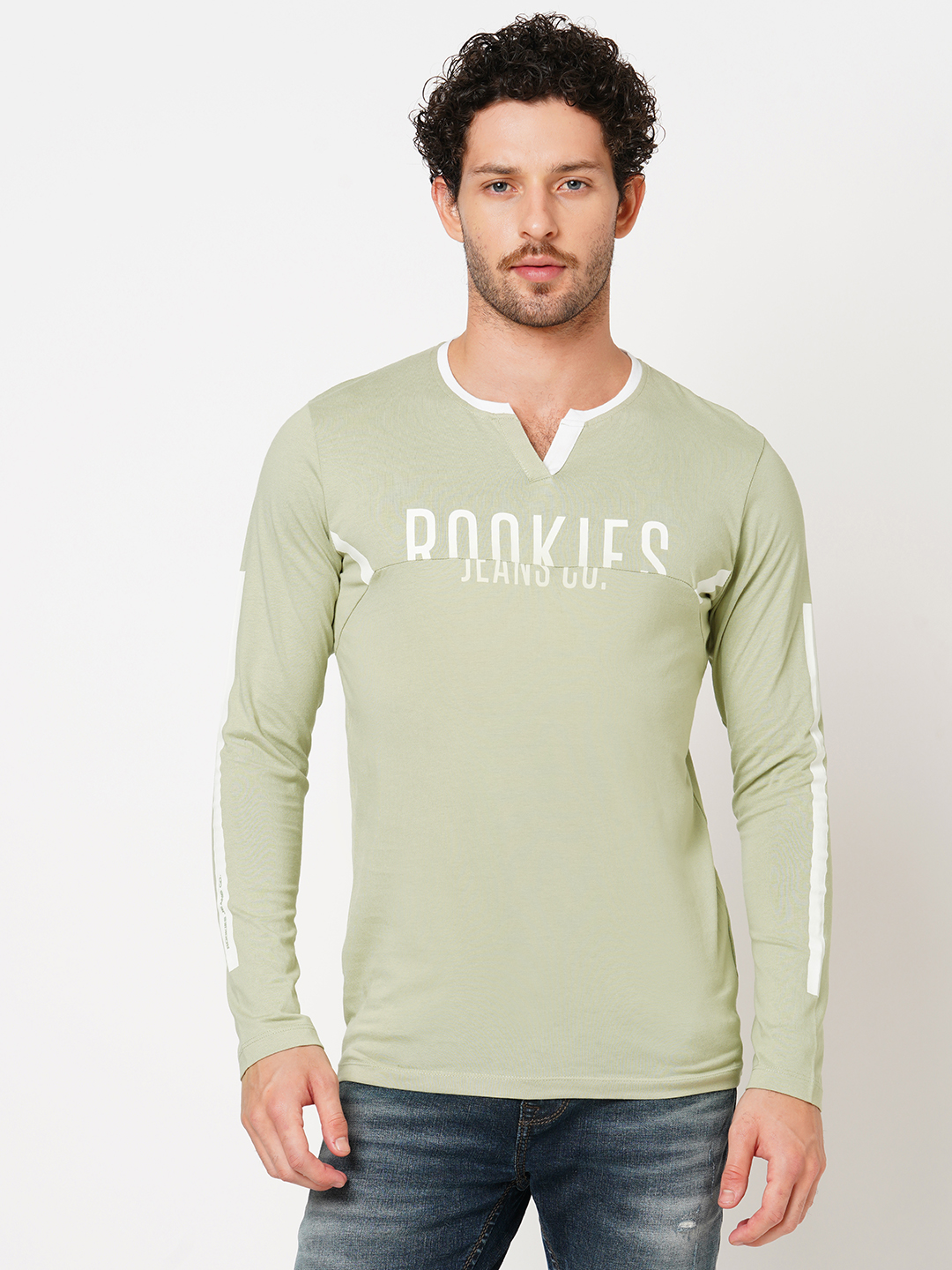 LT GREEN FULL SLEEVE ATHLEISURE HENLEY NECK TEE (HENLEY NECK F/SLV SLIM)