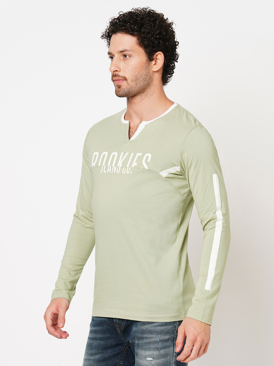 LT GREEN FULL SLEEVE ATHLEISURE HENLEY NECK TEE (HENLEY NECK F/SLV SLIM)