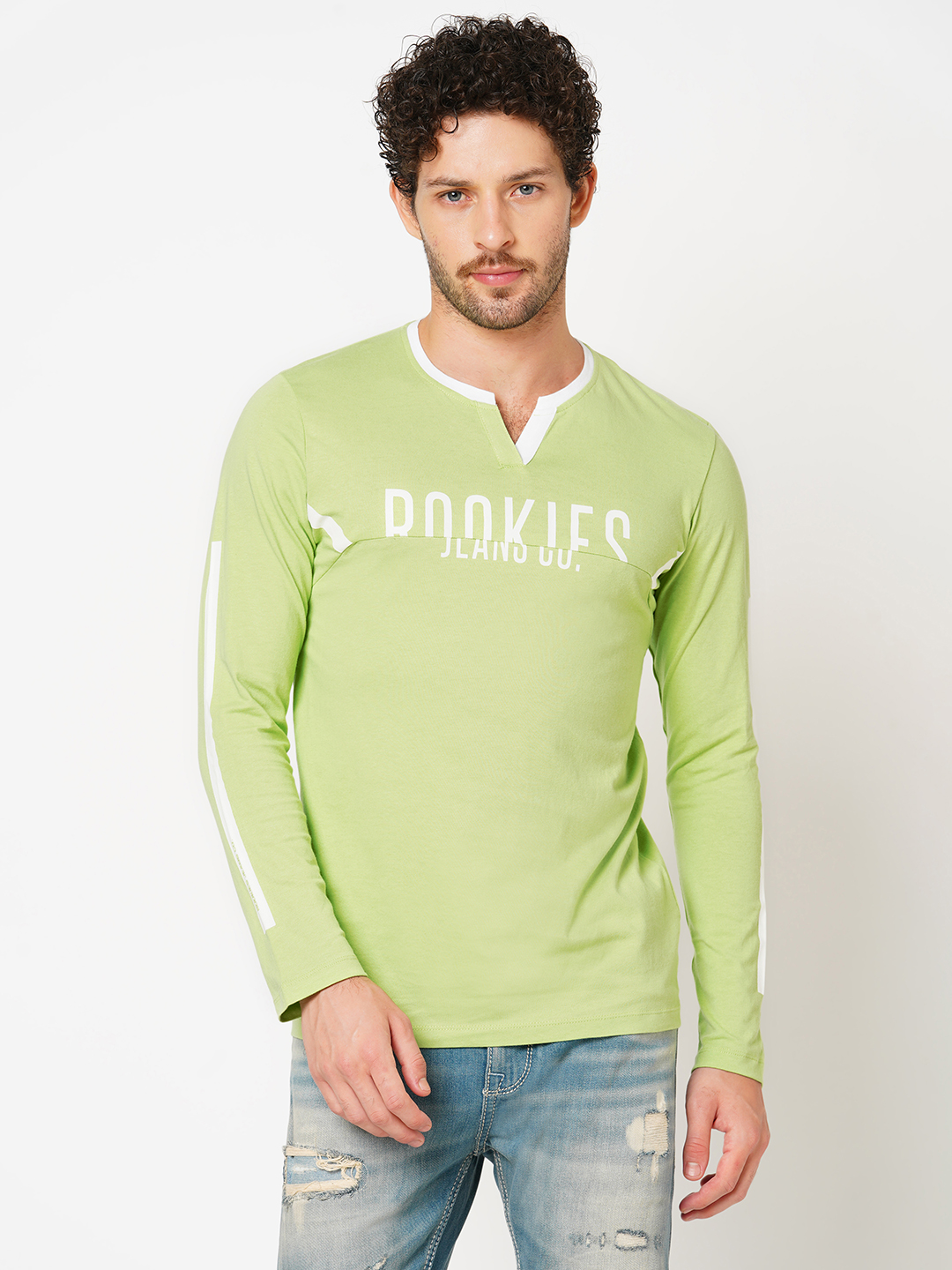 GREEN FULL SLEEVE ATHLEISURE HENLEY NECK TEE (HENLEY NECK F/SLV SLIM)