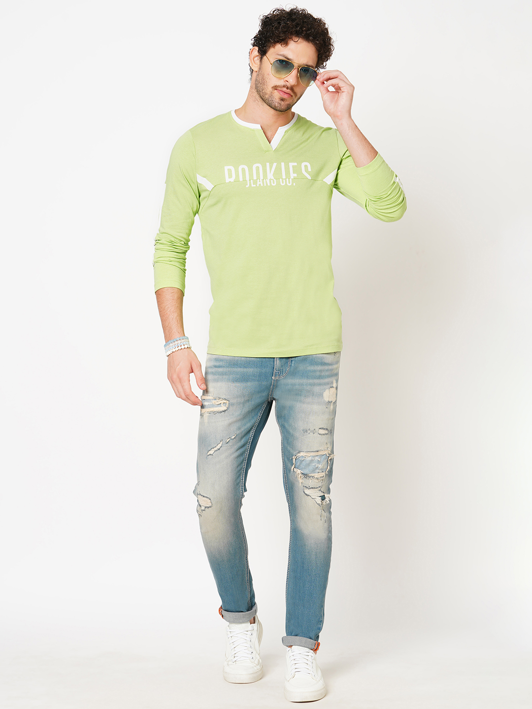 GREEN FULL SLEEVE ATHLEISURE HENLEY NECK TEE (HENLEY NECK F/SLV SLIM)