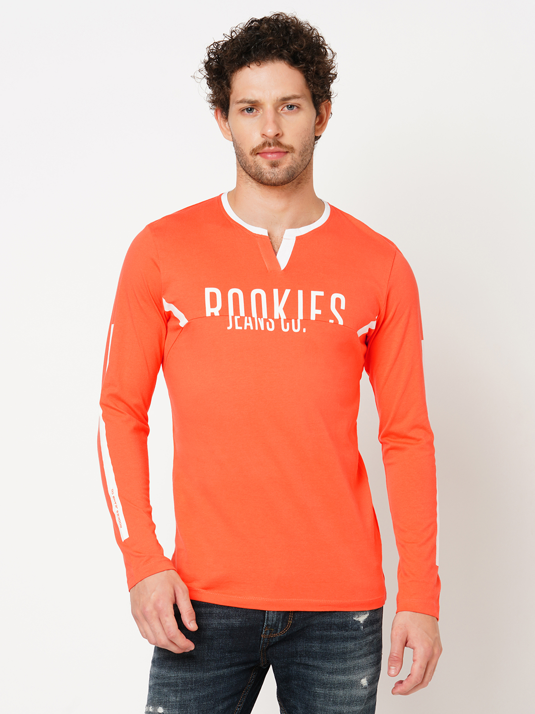 ORANGE FULL SLEEVE ATHLEISURE HENLEY NECK TEE (HENLEY NECK F/SLV SLIM)