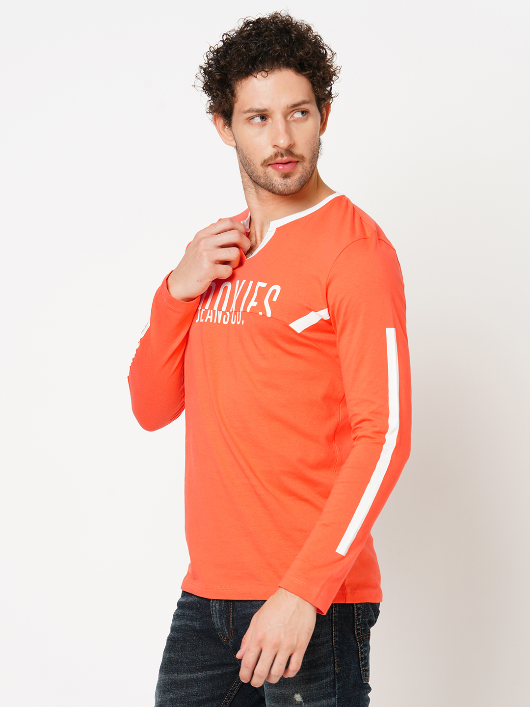 ORANGE FULL SLEEVE ATHLEISURE HENLEY NECK TEE (HENLEY NECK F/SLV SLIM)