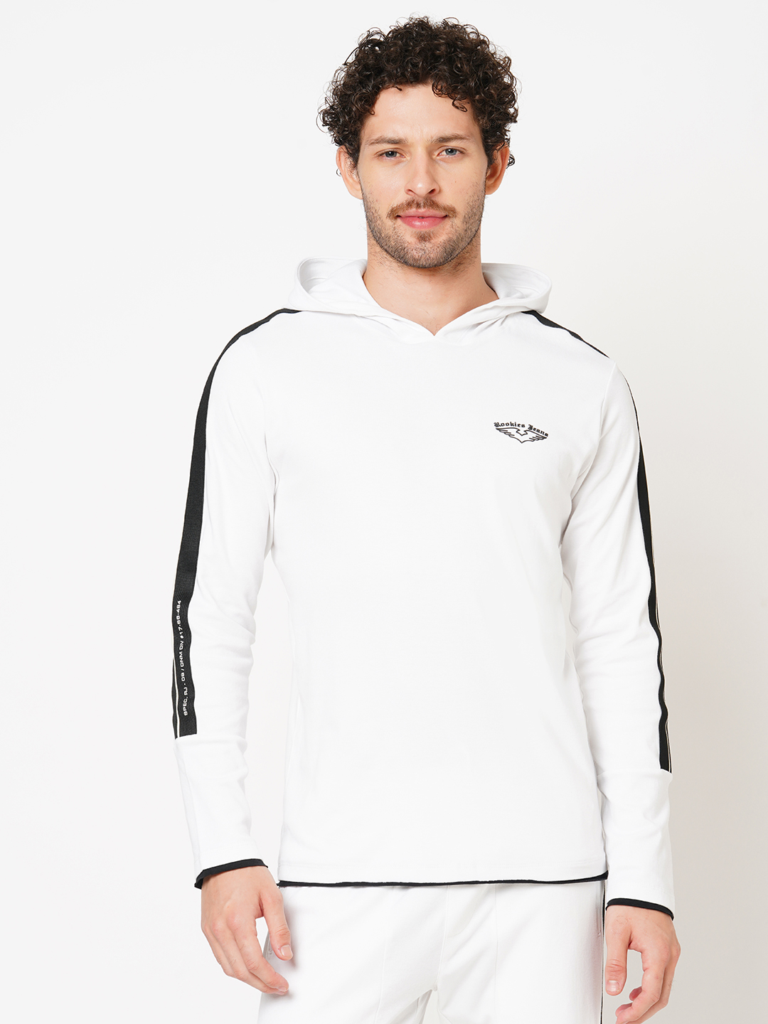 WHITE FULL SLEEVE ATHLEISURE HOODIE TEE (HOODIE NECK F/SLV SLIM)