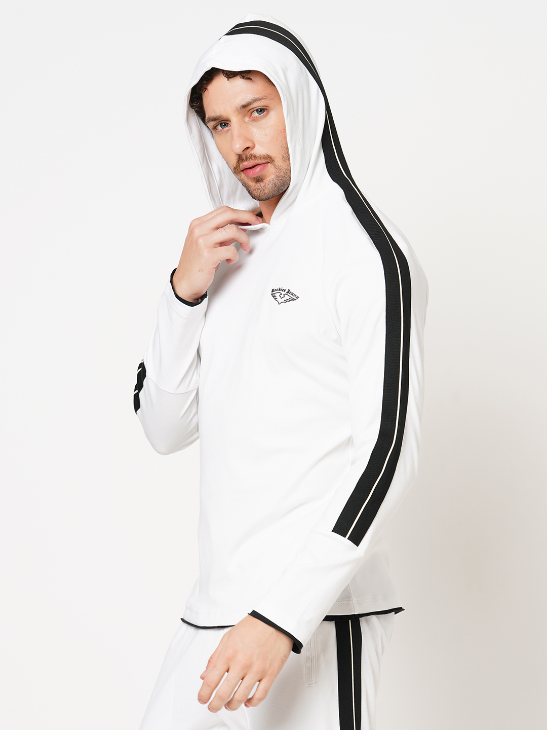 WHITE FULL SLEEVE ATHLEISURE HOODIE TEE (HOODIE NECK F/SLV SLIM)