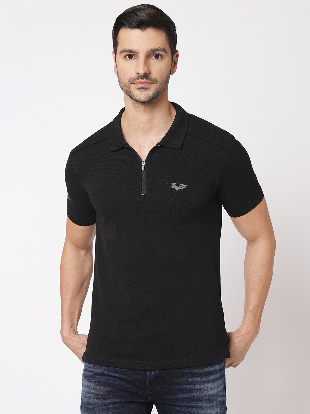 BLACK HALF SLEEVE PIOUE POLO TEE (POLO NECK H/SLV SLIM)