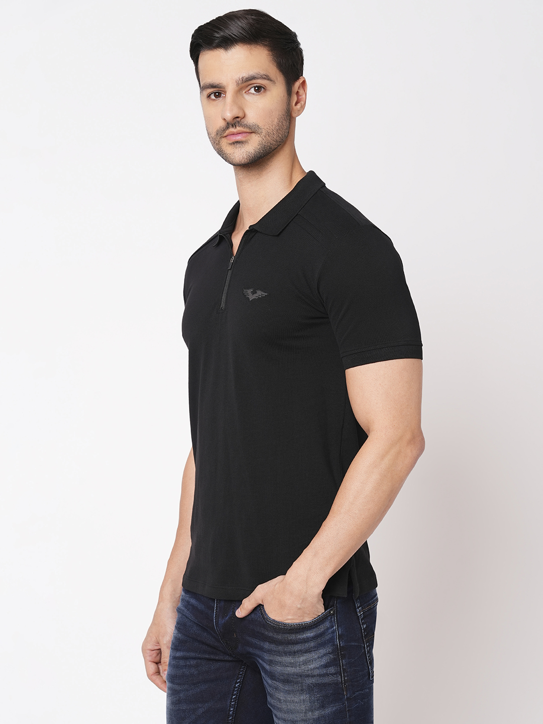 BLACK HALF SLEEVE PIOUE POLO TEE (POLO NECK H/SLV SLIM)