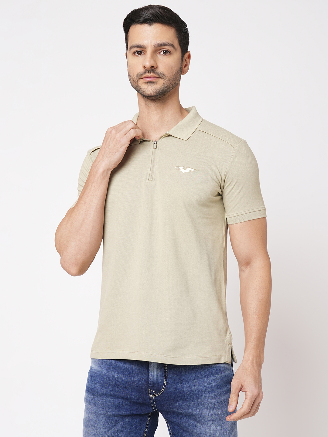 BEIGE HALF SLEEVE PIOUE POLO TEE (POLO NECK H/SLV SLIM)