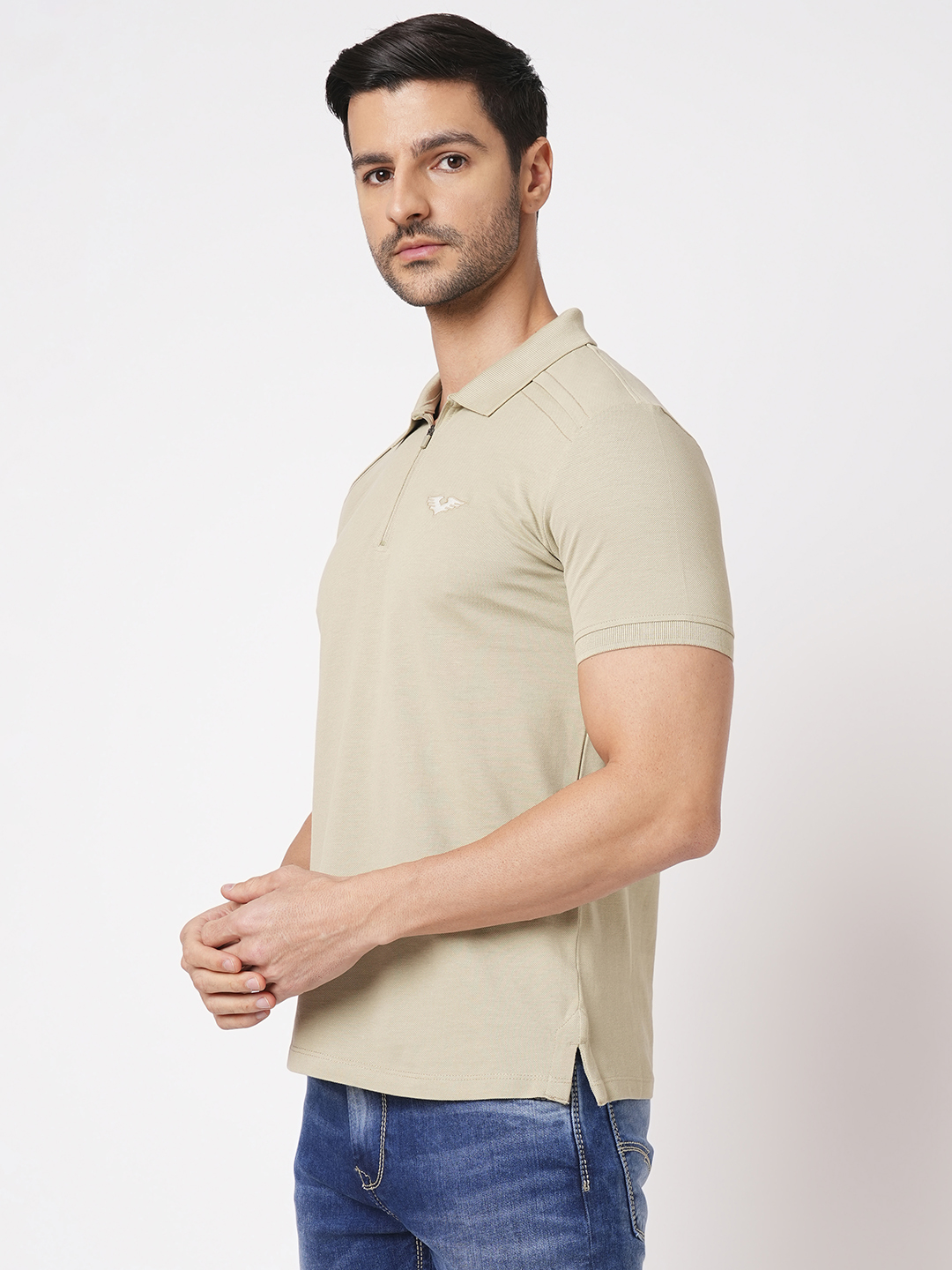 BEIGE HALF SLEEVE PIOUE POLO TEE (POLO NECK H/SLV SLIM)