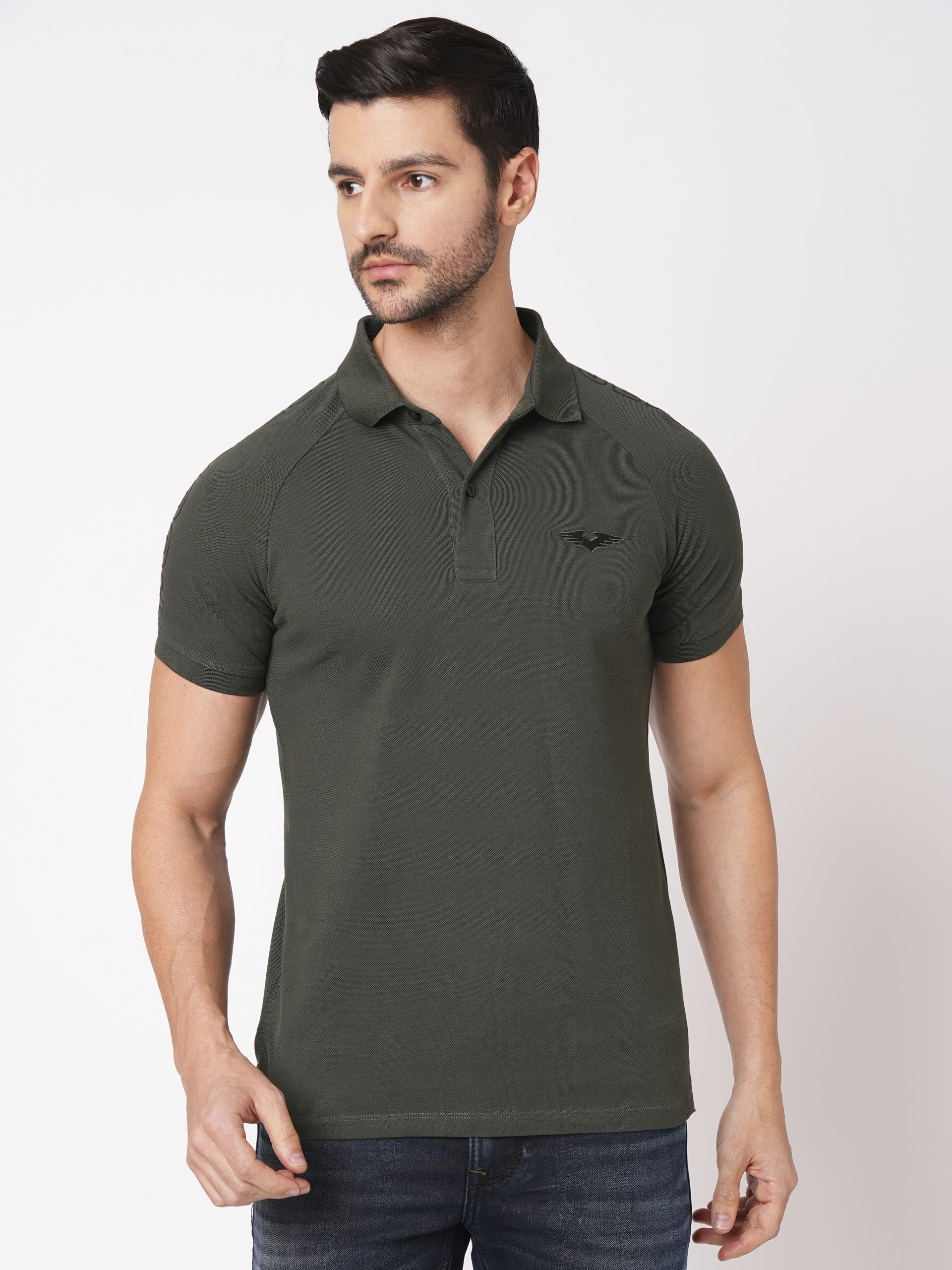 MILITARY GREEN HALF SLEEVE PIOUE POLO TEE (POLO NECK H/SLV SLIM)