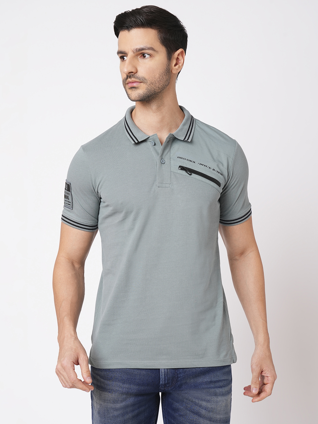 TEAL GREY HALF SLEEVE PIOUE POLO TEE (POLO NECK H/SLV SLIM)