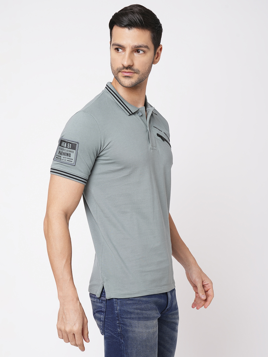 TEAL GREY HALF SLEEVE PIOUE POLO TEE (POLO NECK H/SLV SLIM)