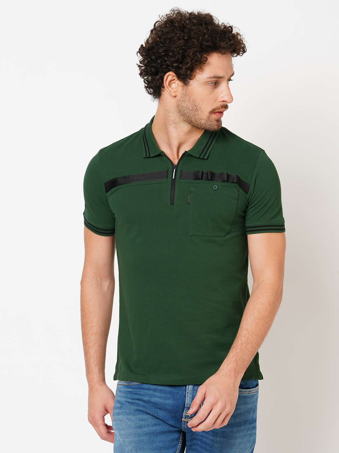 MOSS GREEN HALF SLEEVE PIOUE POLO TEE (POLO NECK H/SLV SLIM)