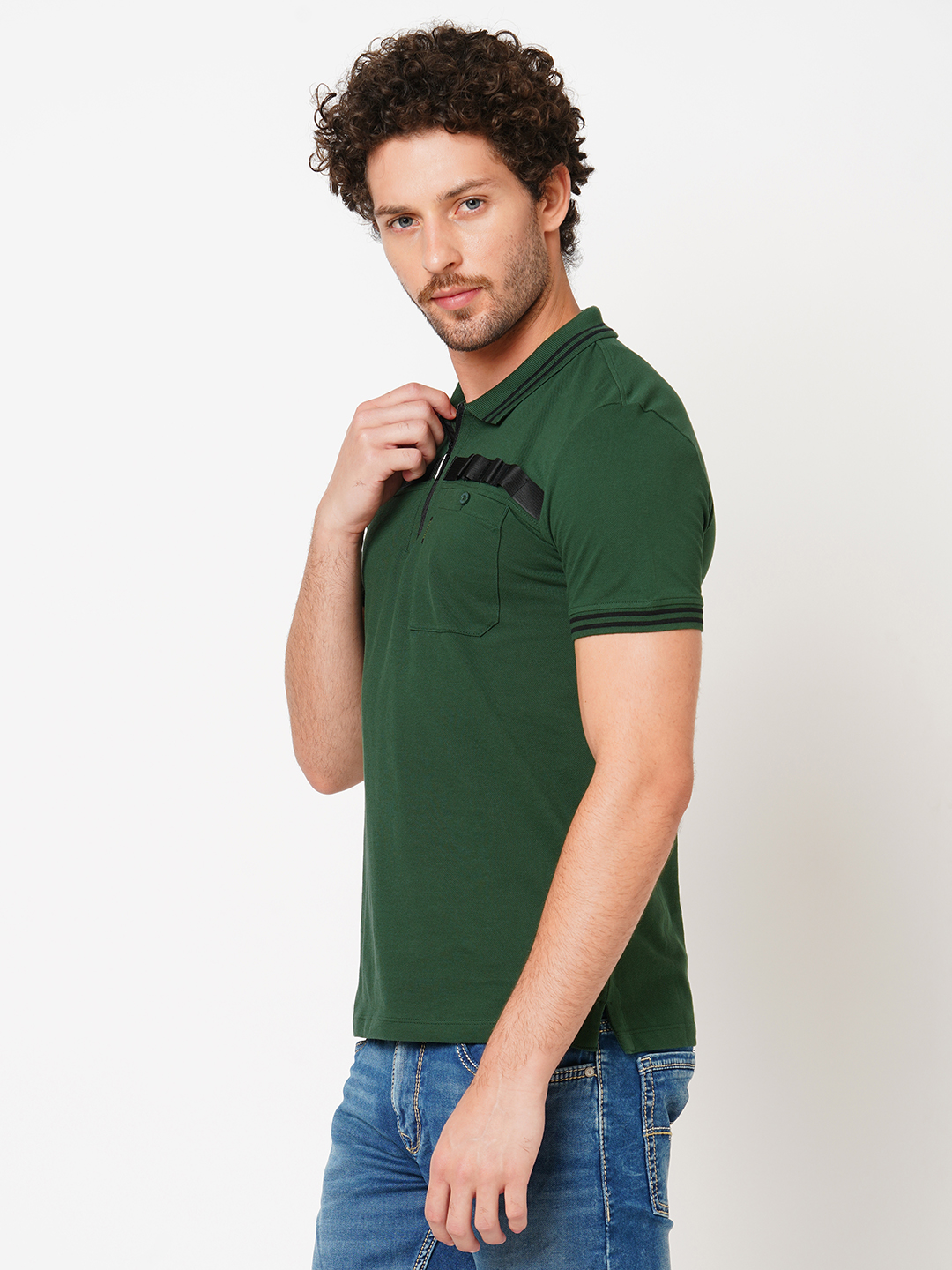 MOSS GREEN HALF SLEEVE PIOUE POLO TEE (POLO NECK H/SLV SLIM)