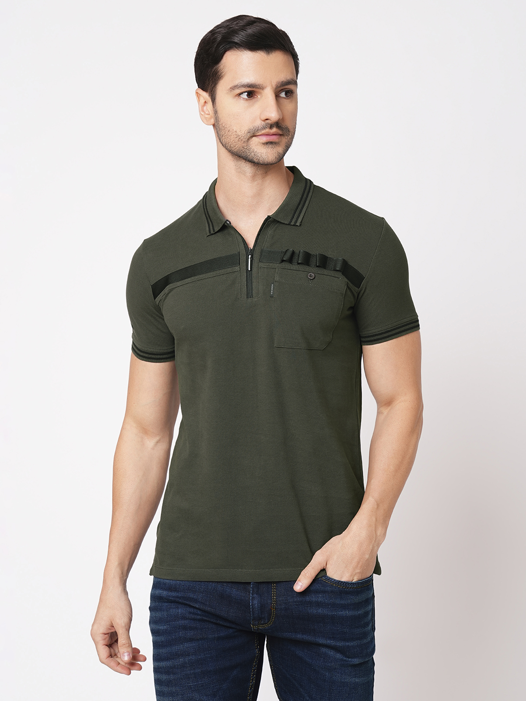 CHARCOAL HALF SLEEVE PIOUE POLO TEE (POLO NECK H/SLV SLIM)