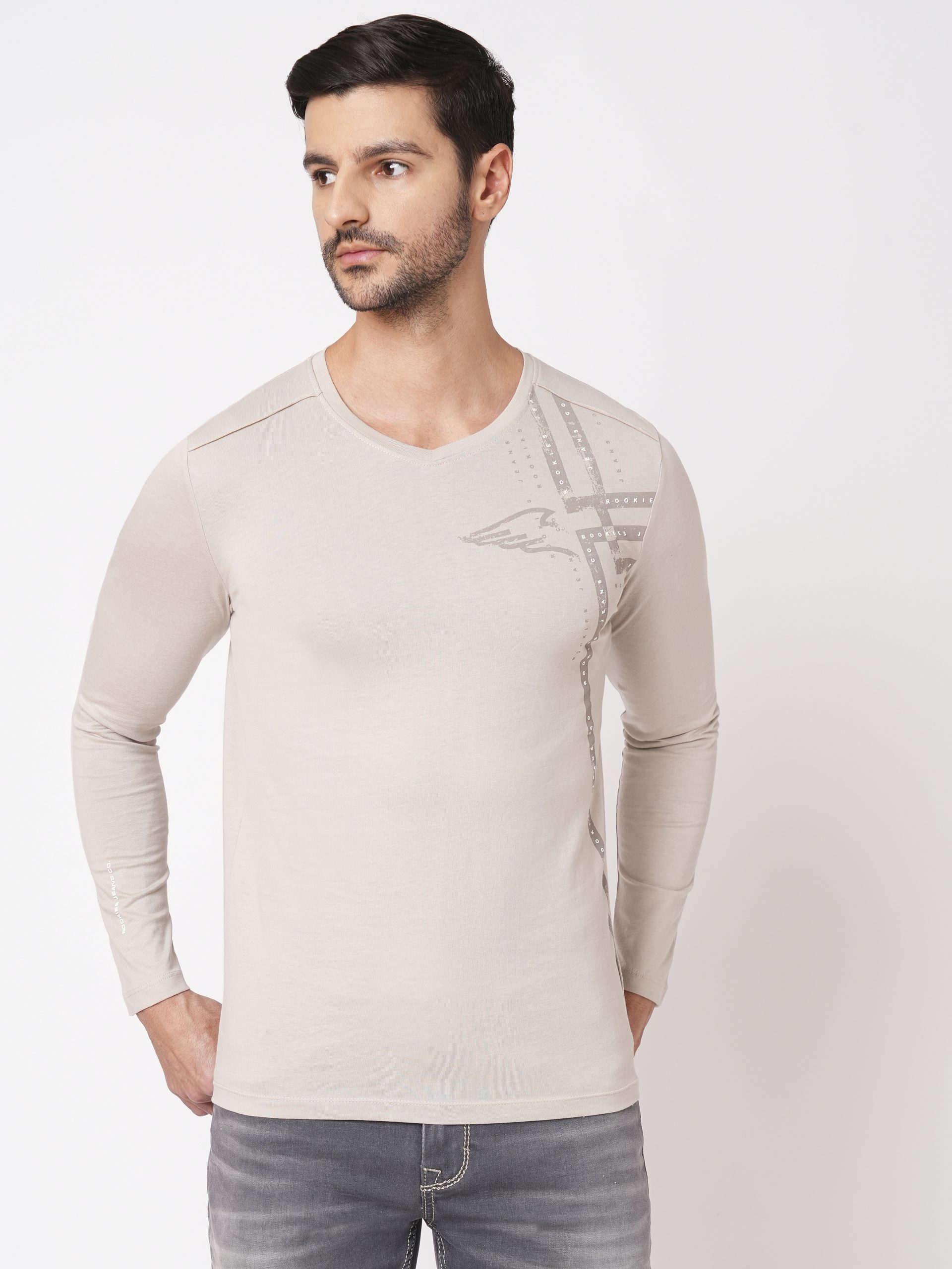 GREY FULL SLEEVE V NECK TEE (R NECK F/SLV SLIM)