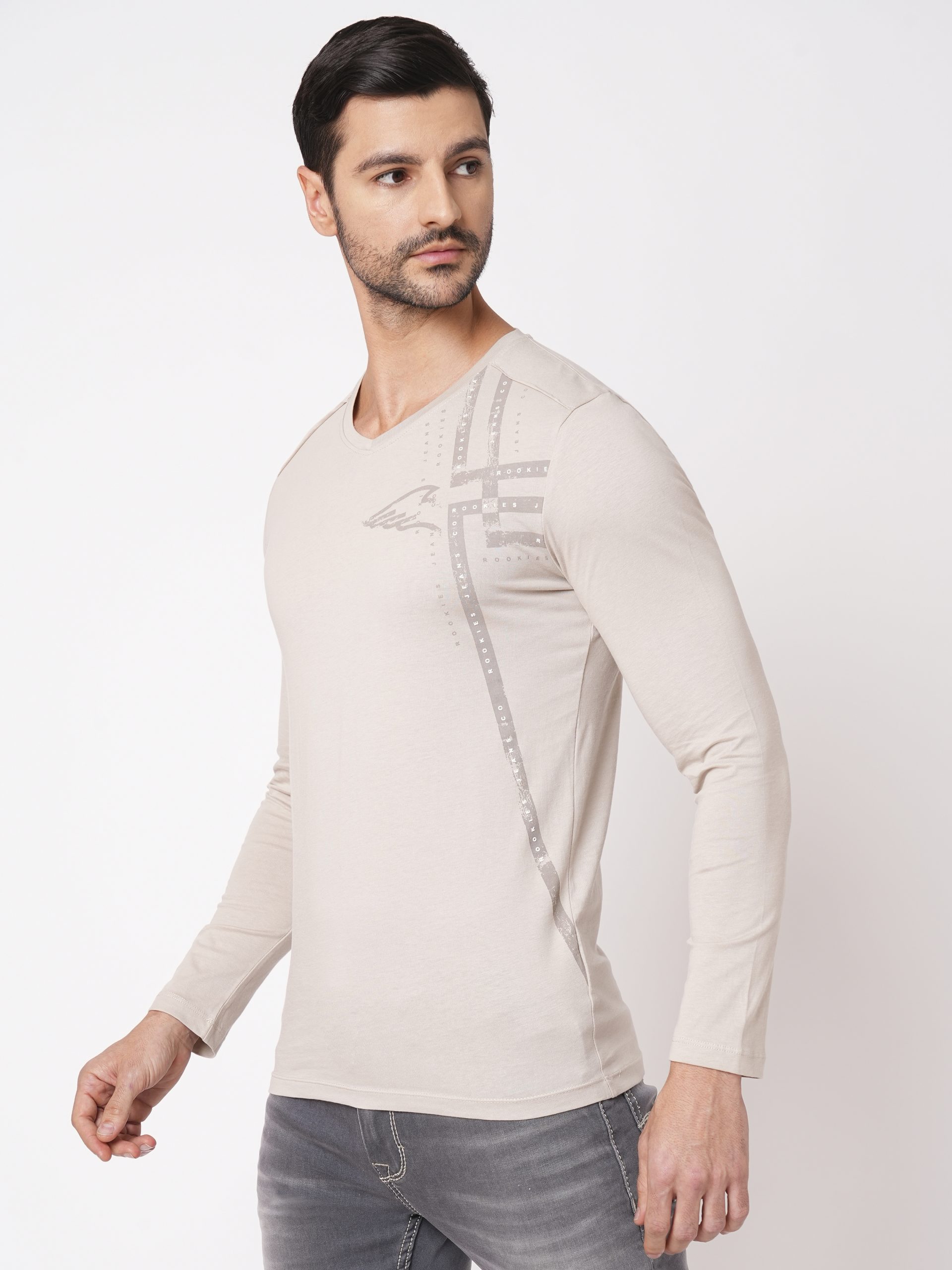 GREY FULL SLEEVE V NECK TEE (R NECK F/SLV SLIM)