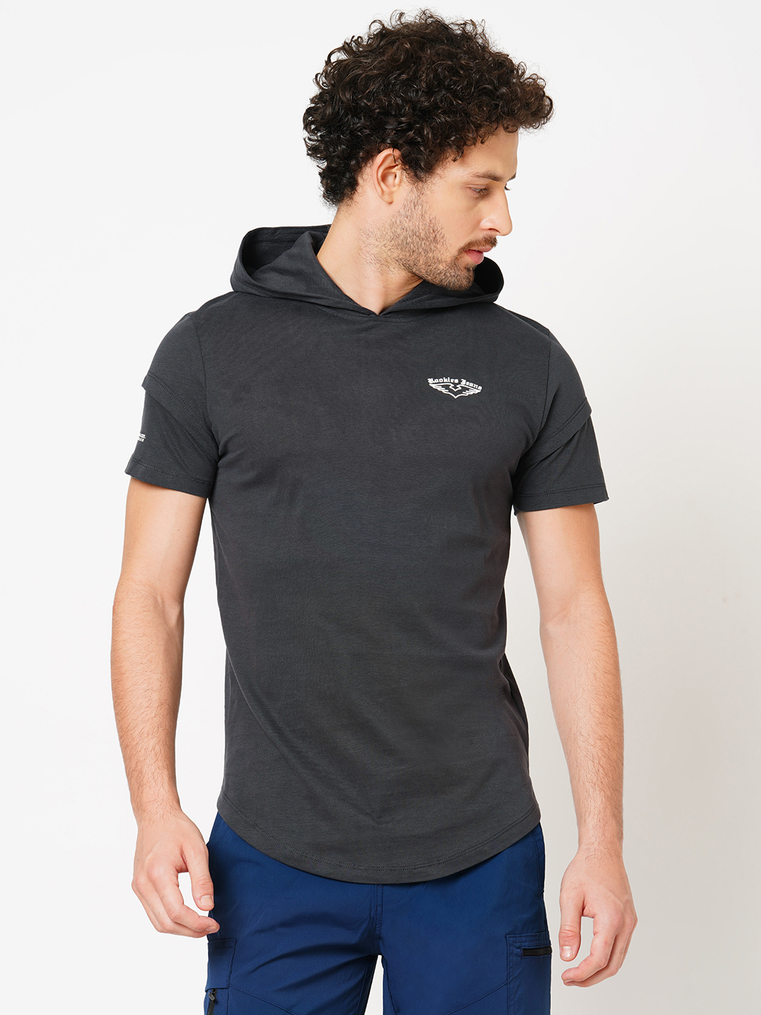 BLACK HALF SLEEVE HOODIE NECK TEE (HOODIE NECK H/SLV SLIM)