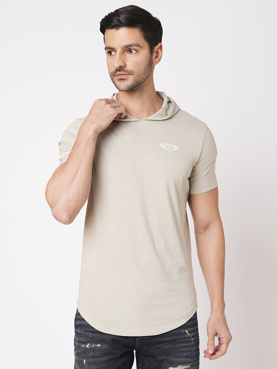 BEIGE HALF SLEEVE HOODIE NECK TEE (HOODIE NECK H/SLV SLIM)