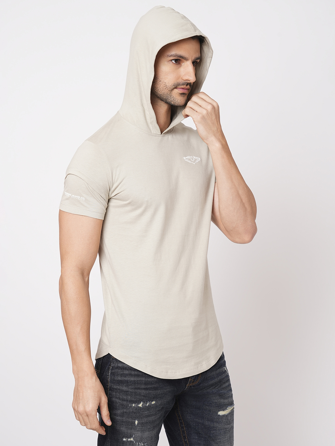 BEIGE HALF SLEEVE HOODIE NECK TEE (HOODIE NECK H/SLV SLIM)